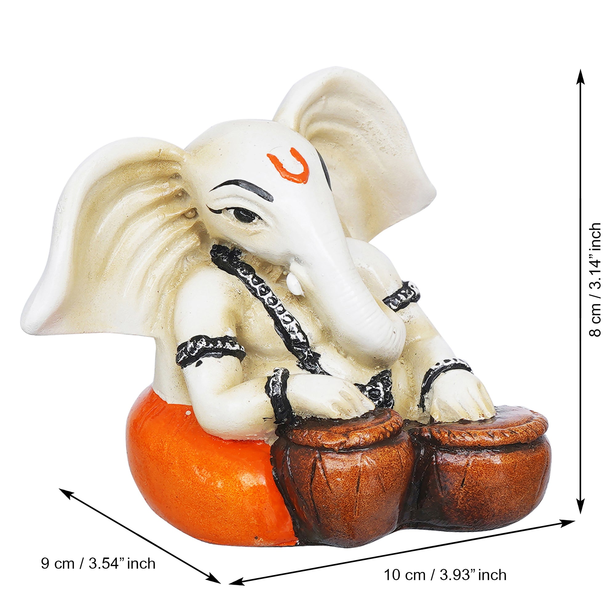 eCraftIndia White & Orange Polyresin Handcrafted Lord Ganesha Idol Playing Tabla Musical Instrument 3