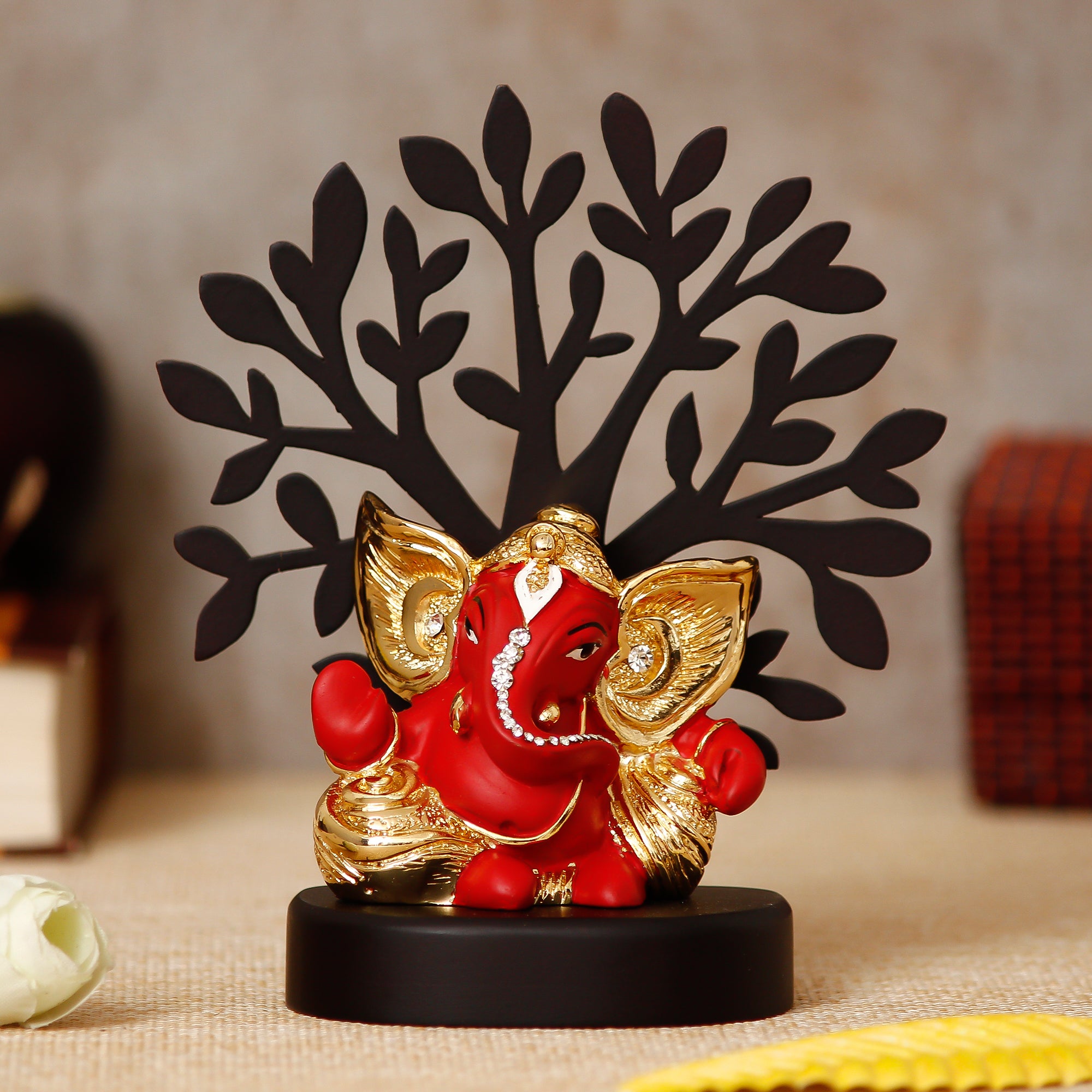 Gold Plated Red Polyresin Ganesha Idol with Wooden Tree for Home, Office and Car Dashboard