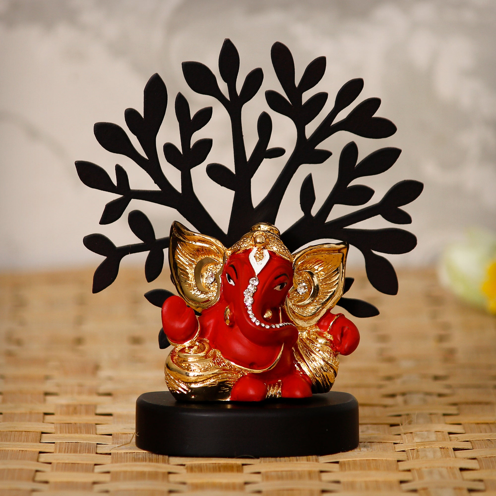 Gold Plated Red Polyresin Ganesha Idol with Wooden Tree for Home, Office and Car Dashboard 1