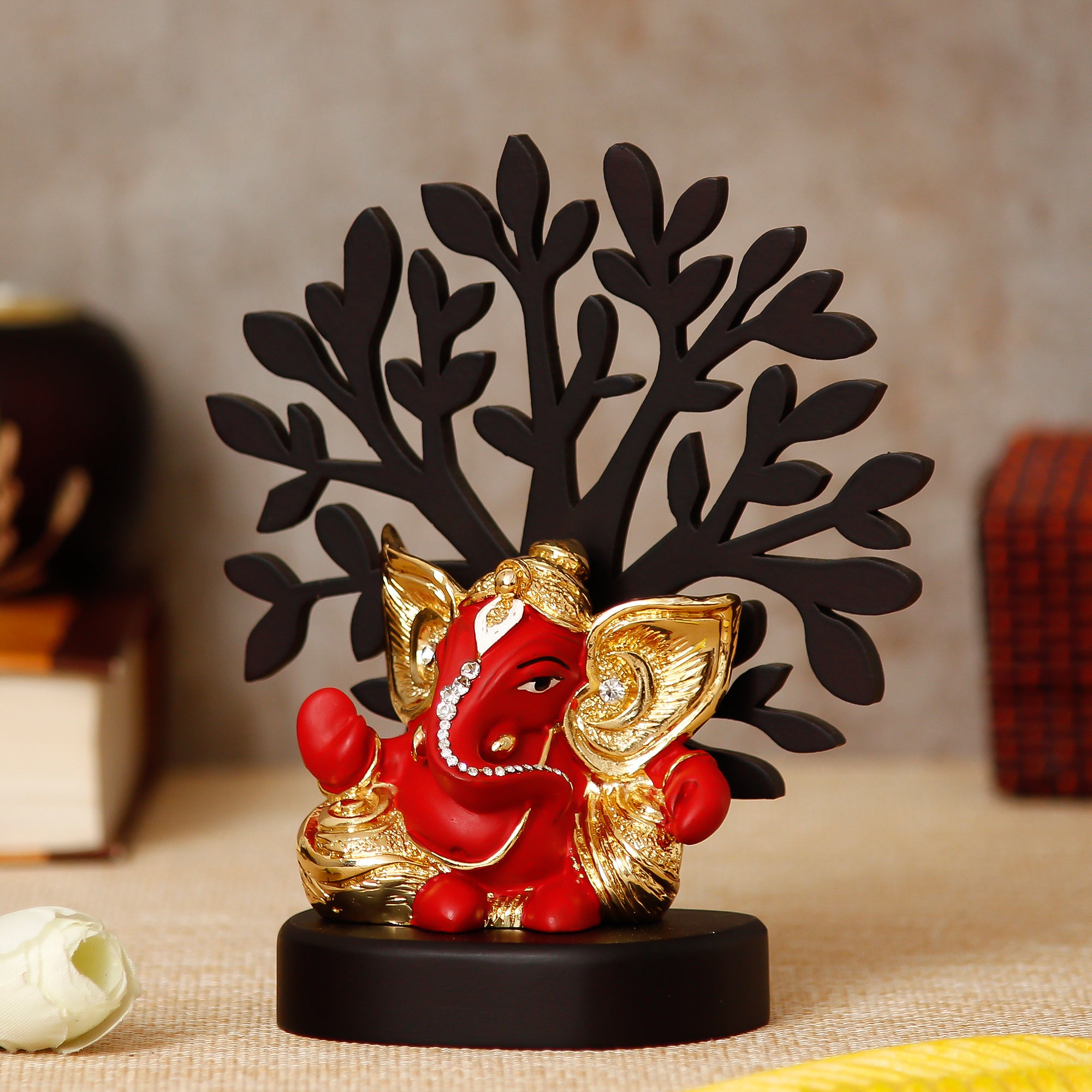 Gold Plated Red Polyresin Ganesha Idol with Wooden Tree for Home, Office and Car Dashboard 2