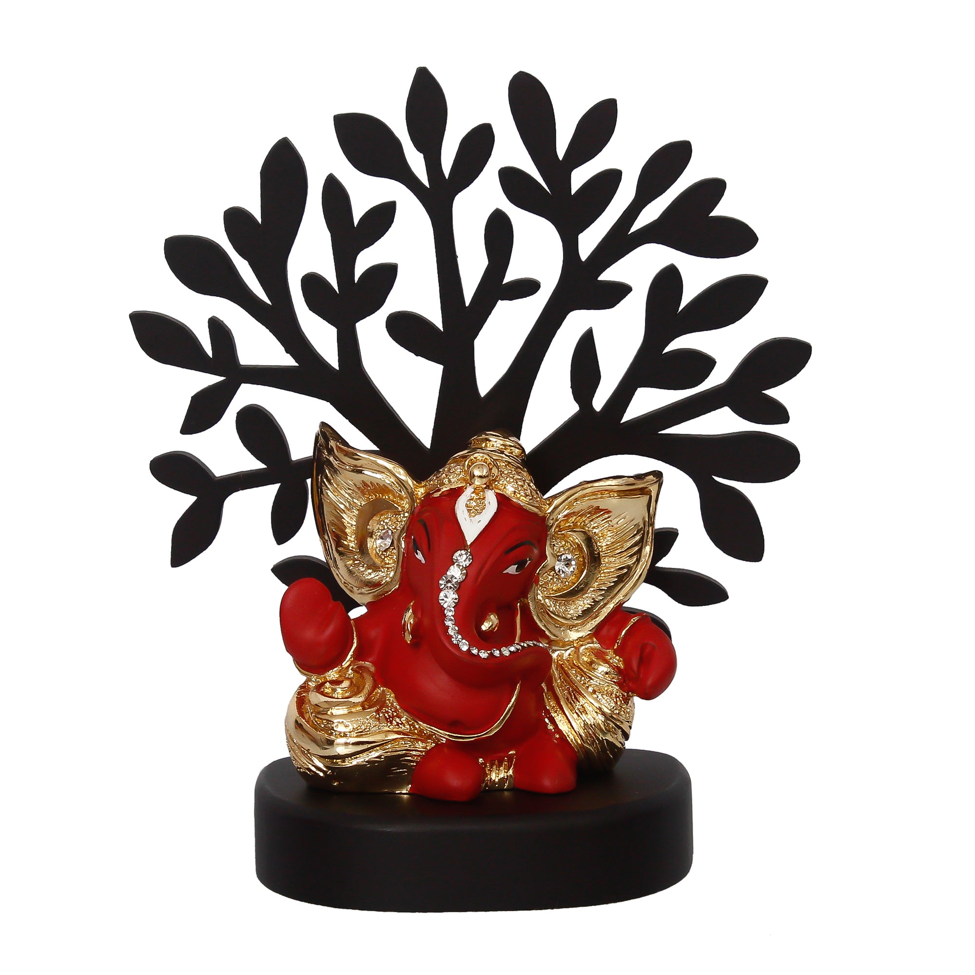 Gold Plated Red Polyresin Ganesha Idol with Wooden Tree for Home, Office and Car Dashboard 3