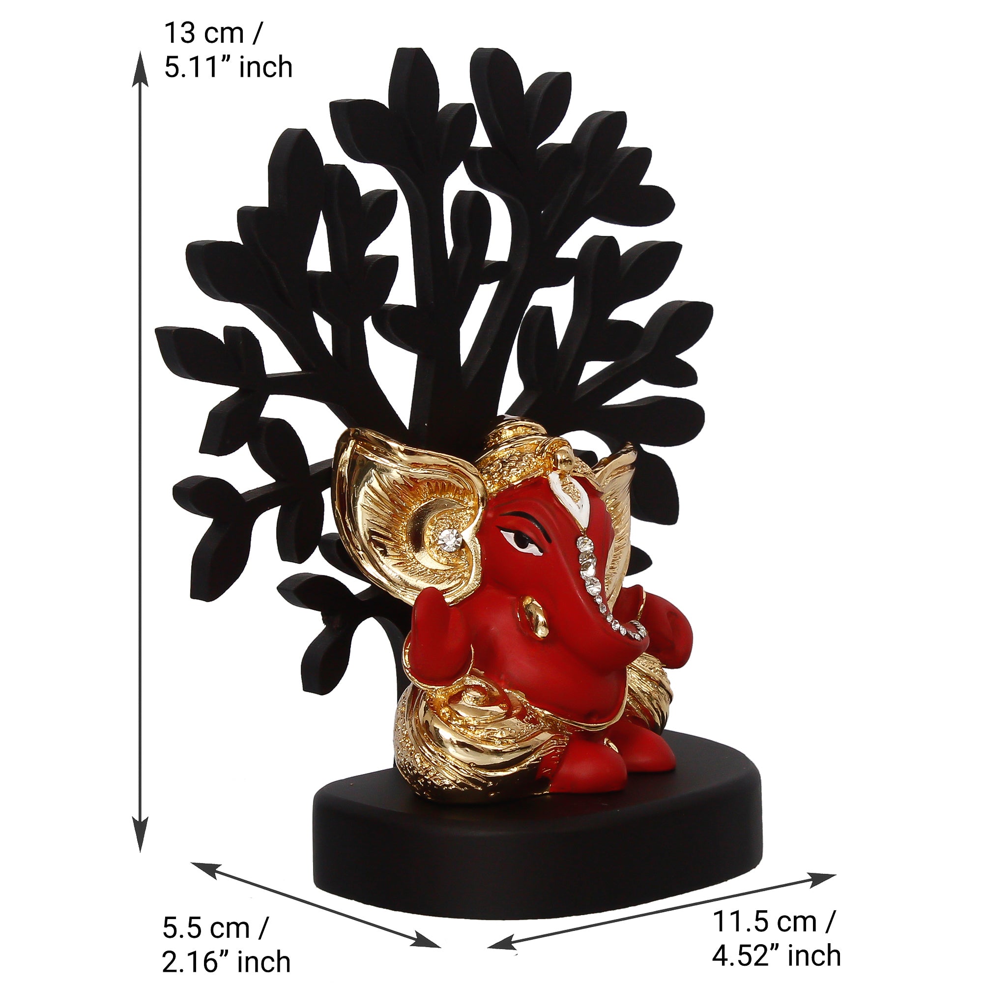 Gold Plated Red Polyresin Ganesha Idol with Wooden Tree for Home, Office and Car Dashboard 4