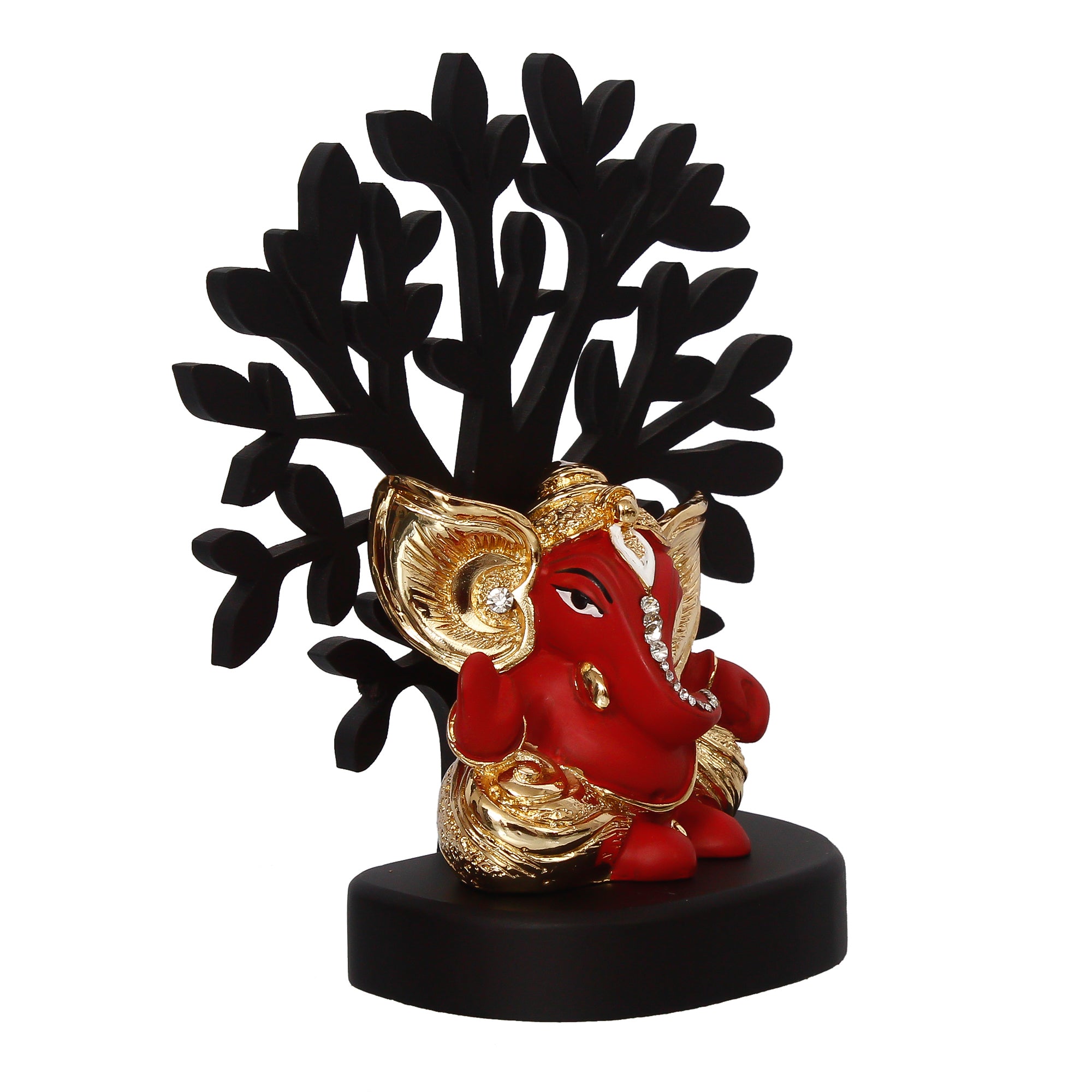 Gold Plated Red Polyresin Ganesha Idol with Wooden Tree for Home, Office and Car Dashboard 5