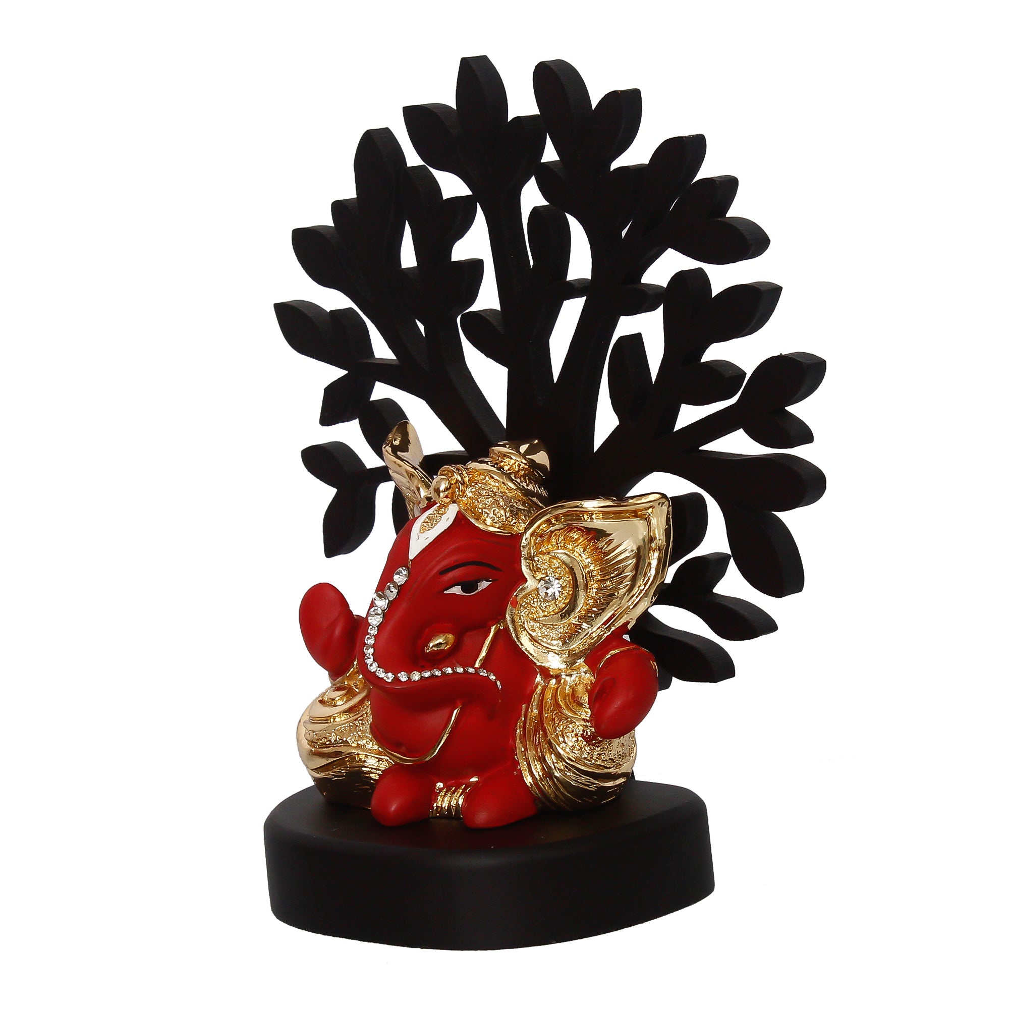 Gold Plated Red Polyresin Ganesha Idol with Wooden Tree for Home, Office and Car Dashboard 6