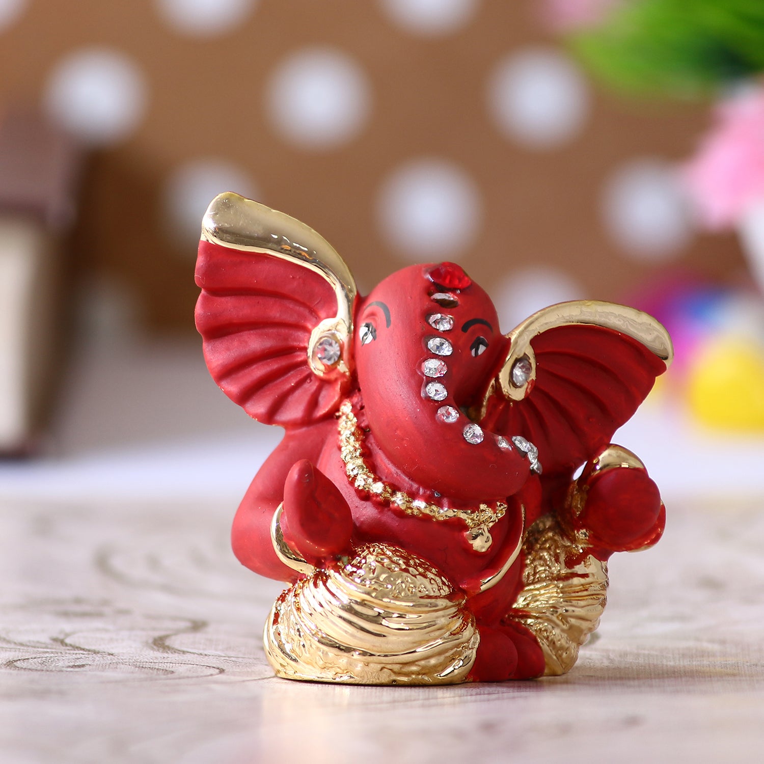 Gold Plated and Red Polyresin Lord Ganesha Statue for Home, Temple, Office and Car Dashboard