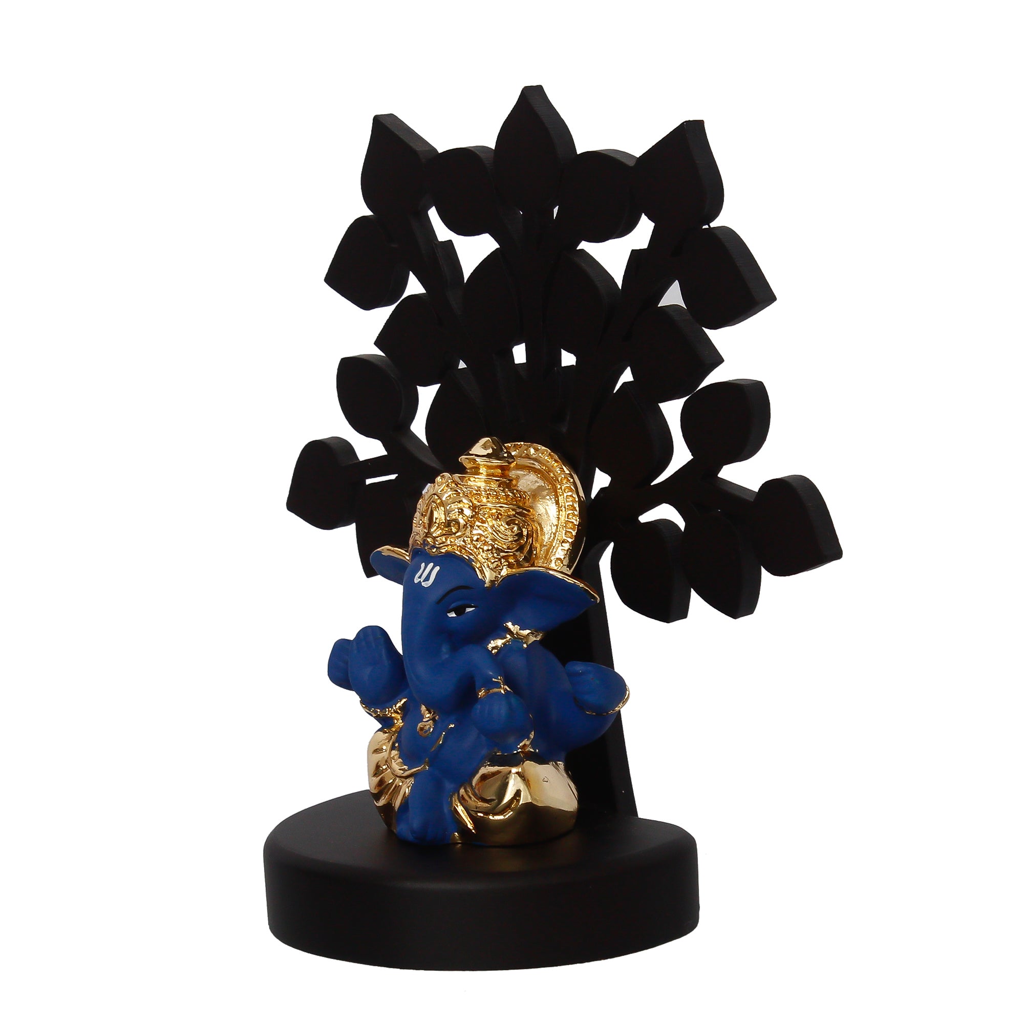 Gold Plated Blue Polyresin Ganesha Idol with Wooden Tree for Home, Temple, Office and Car Dashboard 5