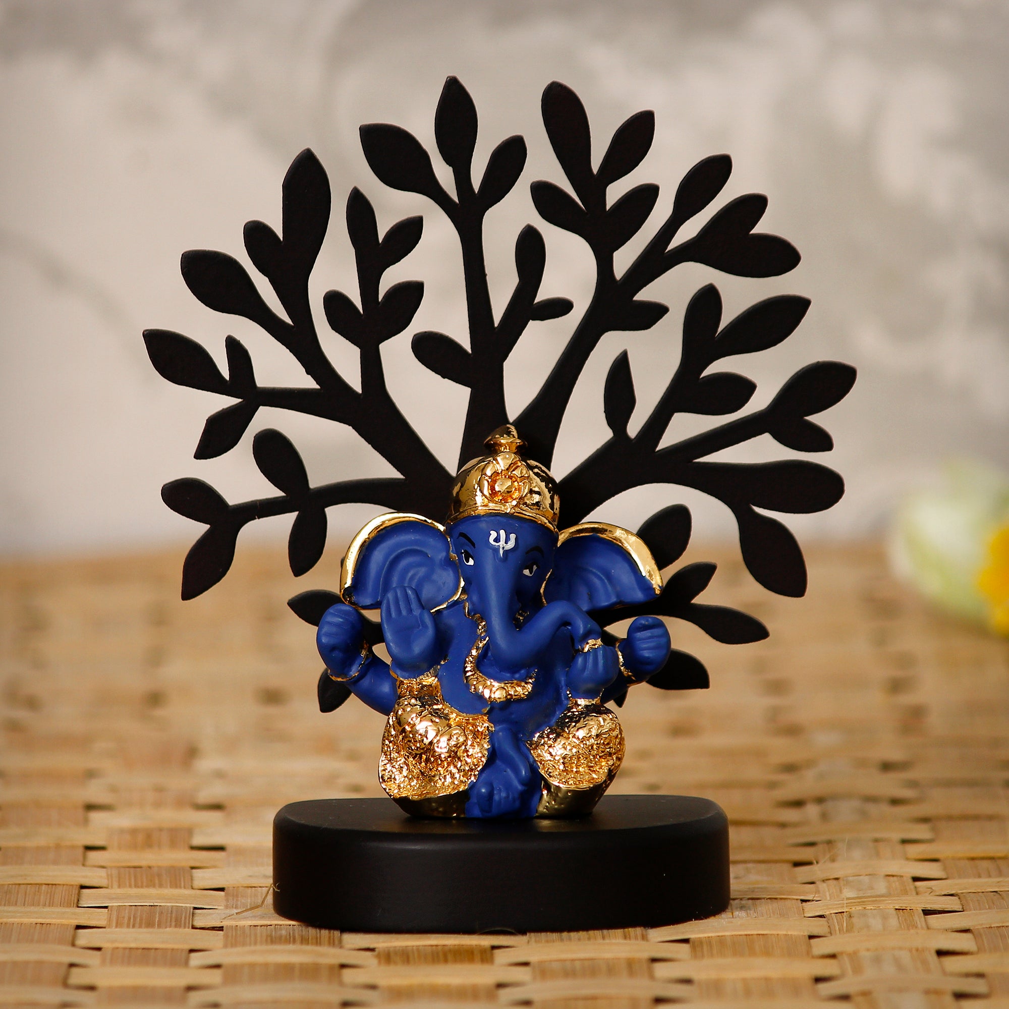 Gold Plated Blue Polyresin Ganesha Idol with Wooden Tree for Home, Temple, Office and Car Dashboard 1