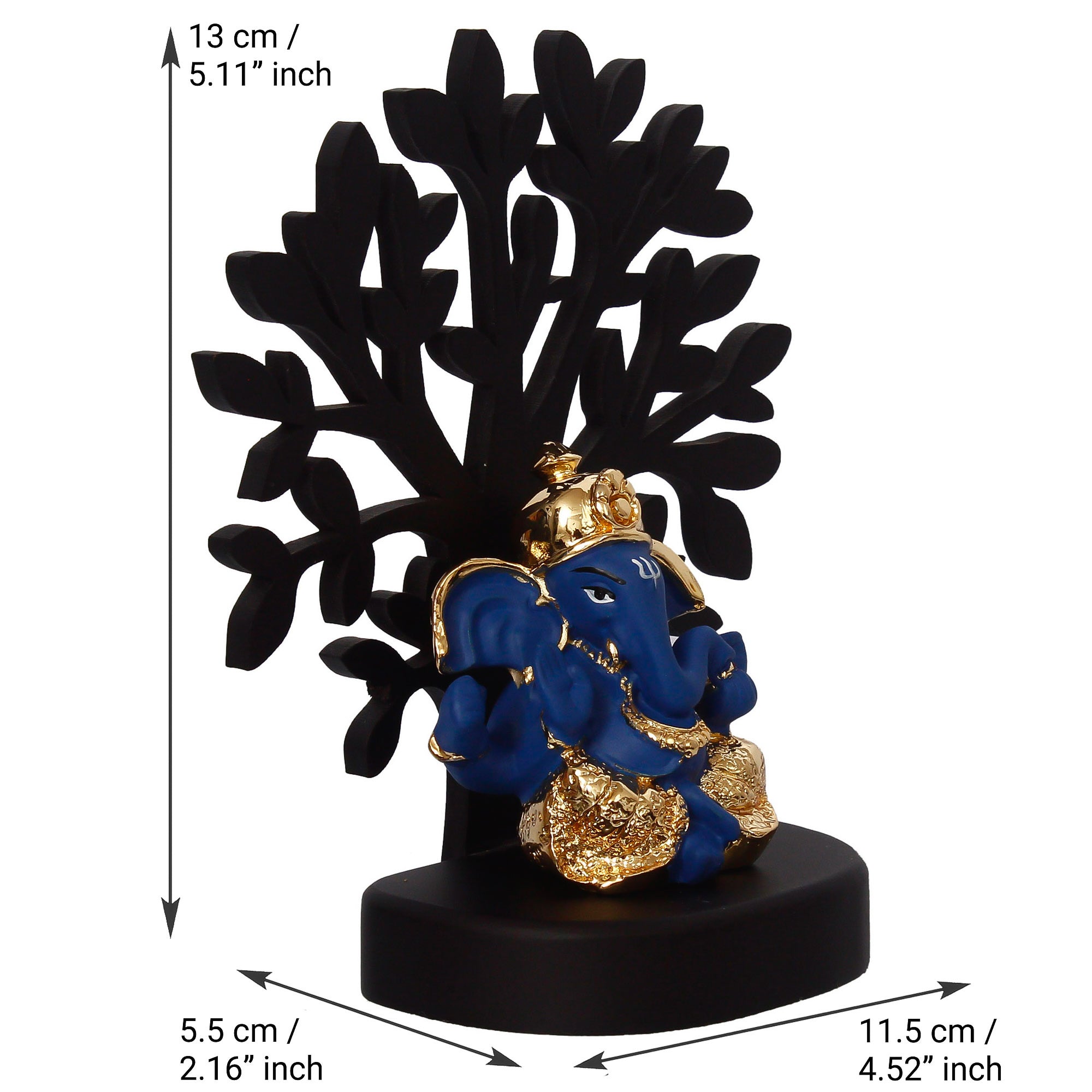 Gold Plated Blue Polyresin Ganesha Idol with Wooden Tree for Home, Temple, Office and Car Dashboard 4