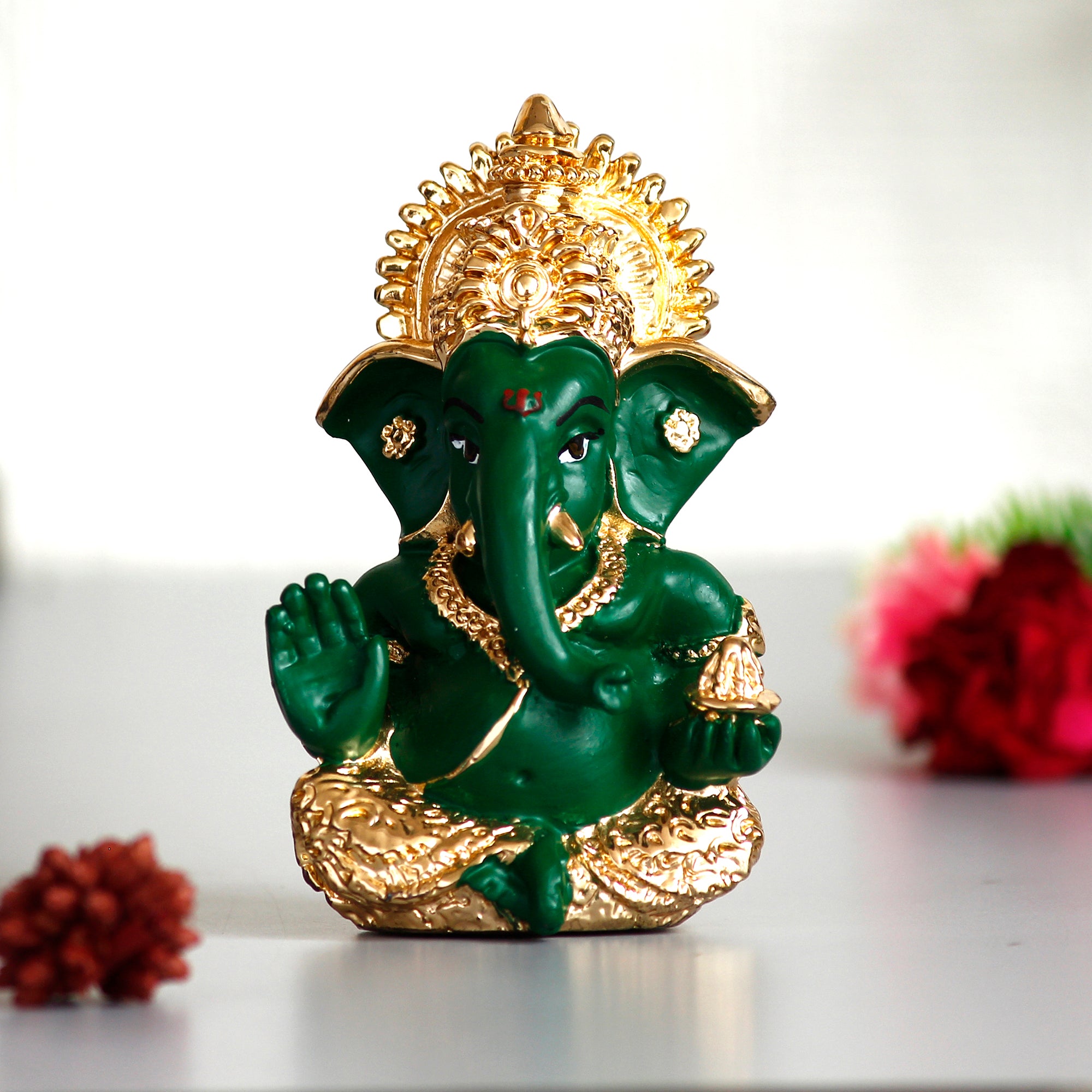 Gold Plated Green Siddhivinayak Ganesha Idol For Home/Temple/Office/Car Dashboard 1