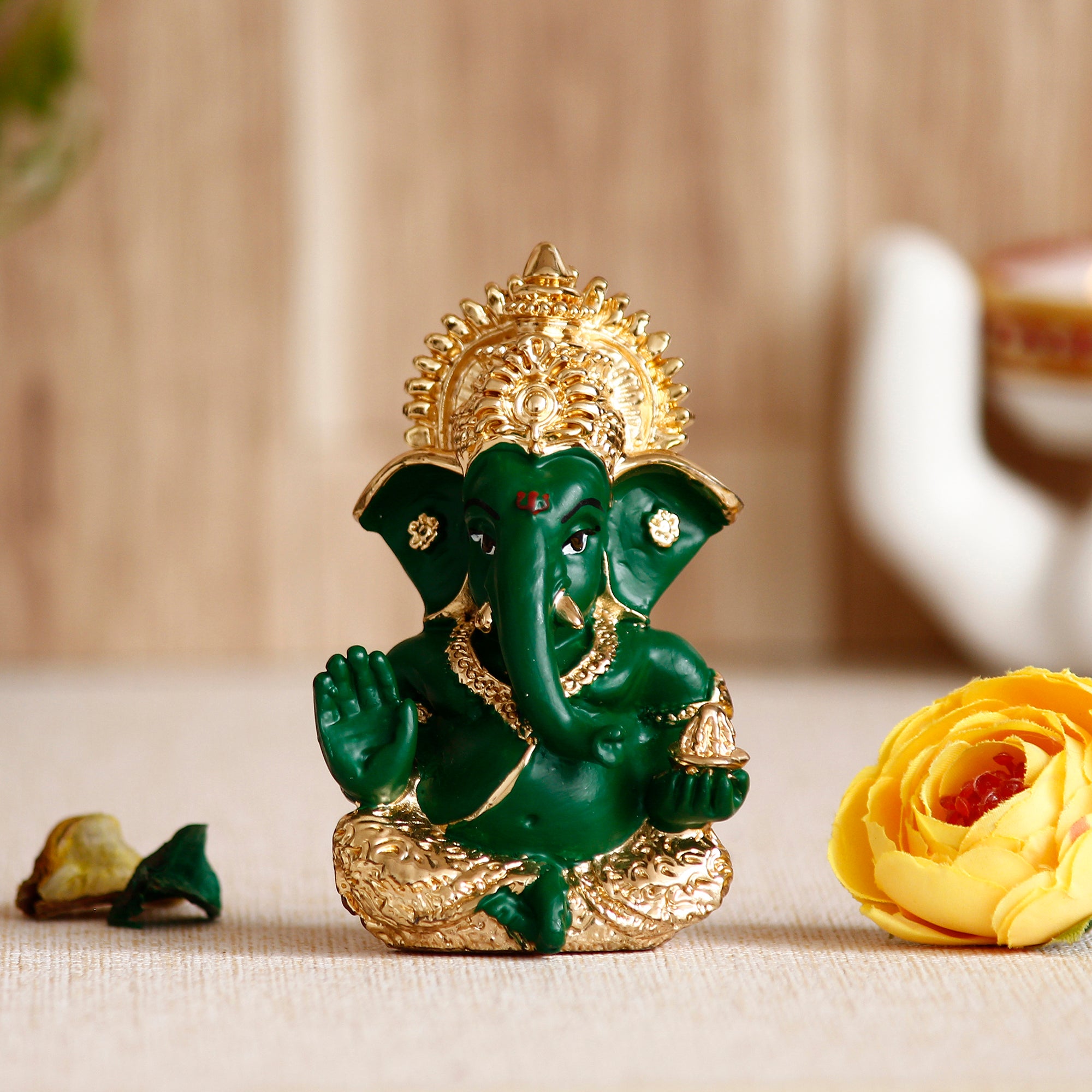 Gold Plated Green Siddhivinayak Ganesha Idol For Home/Temple/Office/Car Dashboard