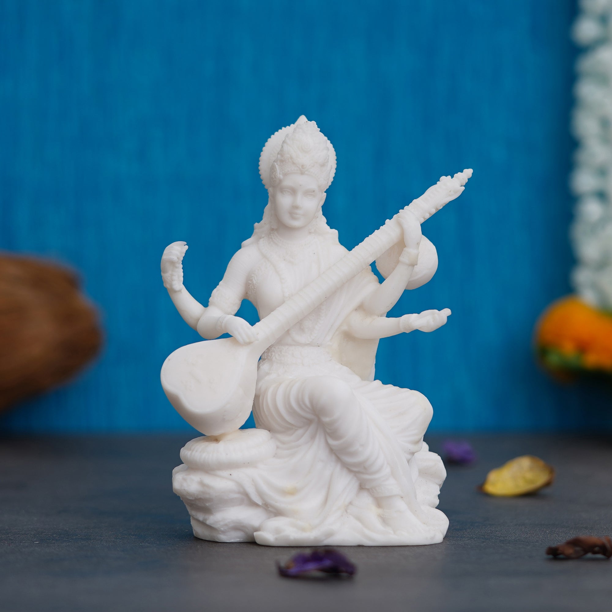 White Polyresin Goddess Saraswati Playing a Musical Instrument Statue