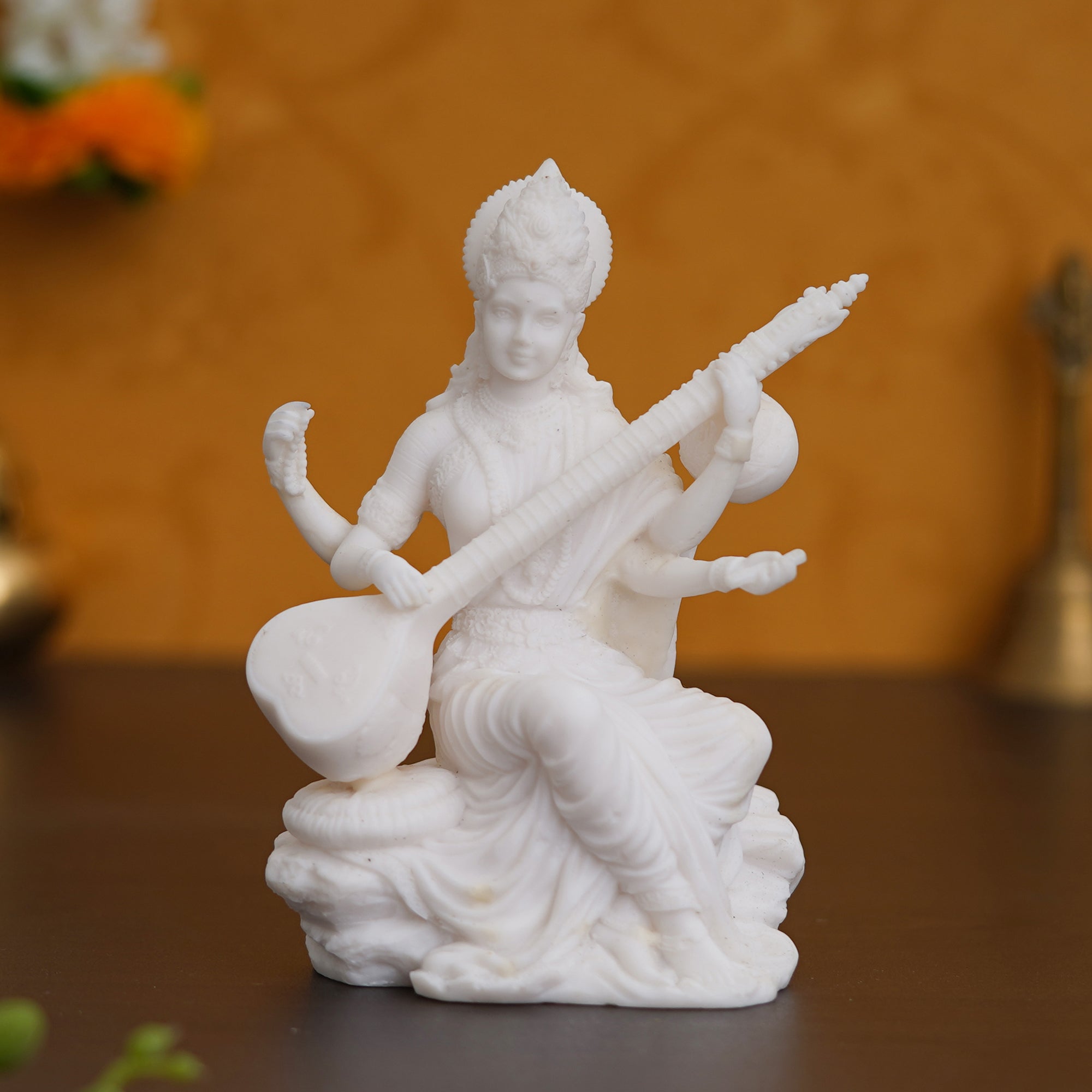 White Polyresin Goddess Saraswati Playing a Musical Instrument Statue 1