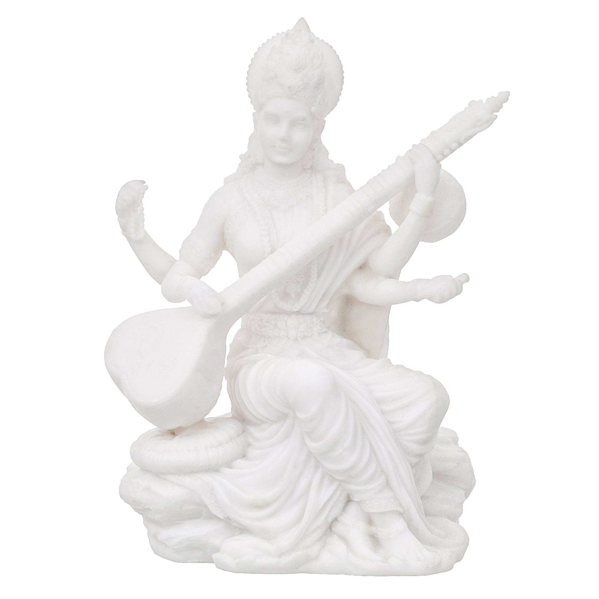 White Polyresin Goddess Saraswati Playing a Musical Instrument Statue 2