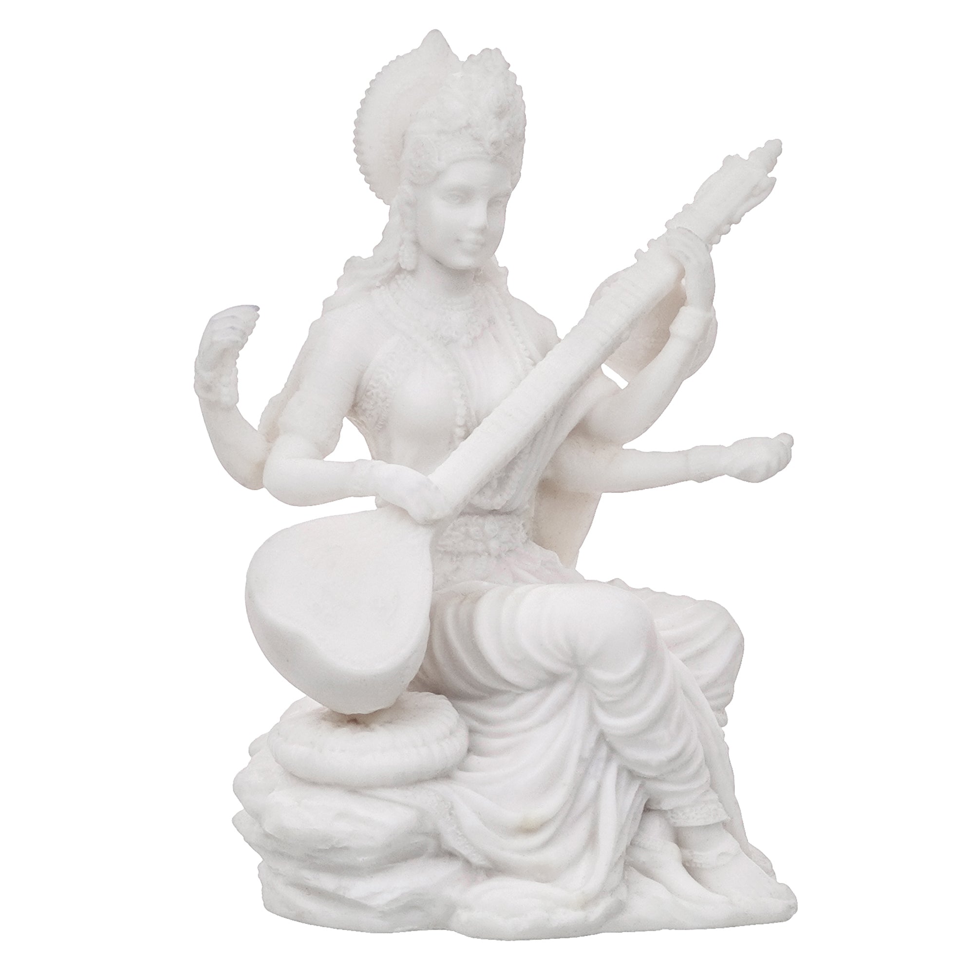 White Polyresin Goddess Saraswati Playing a Musical Instrument Statue 4