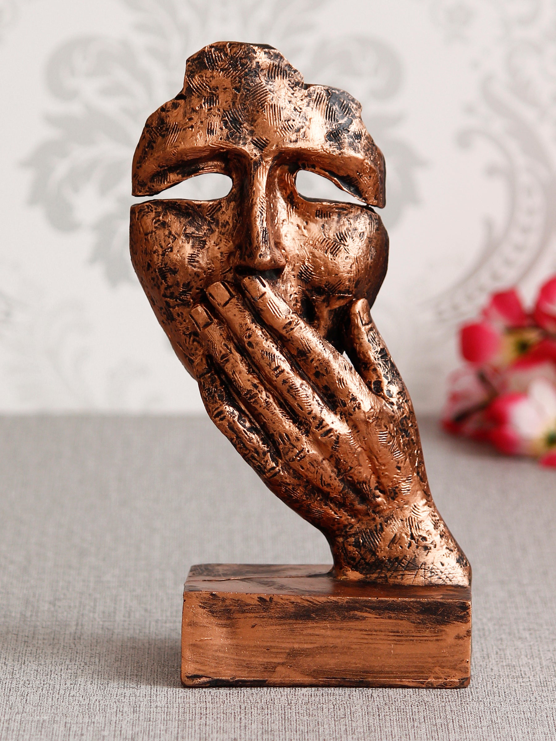 Polyresin Brown Human Face Sculpture Hand on Mouth Handcrafted Decorative Showpiece