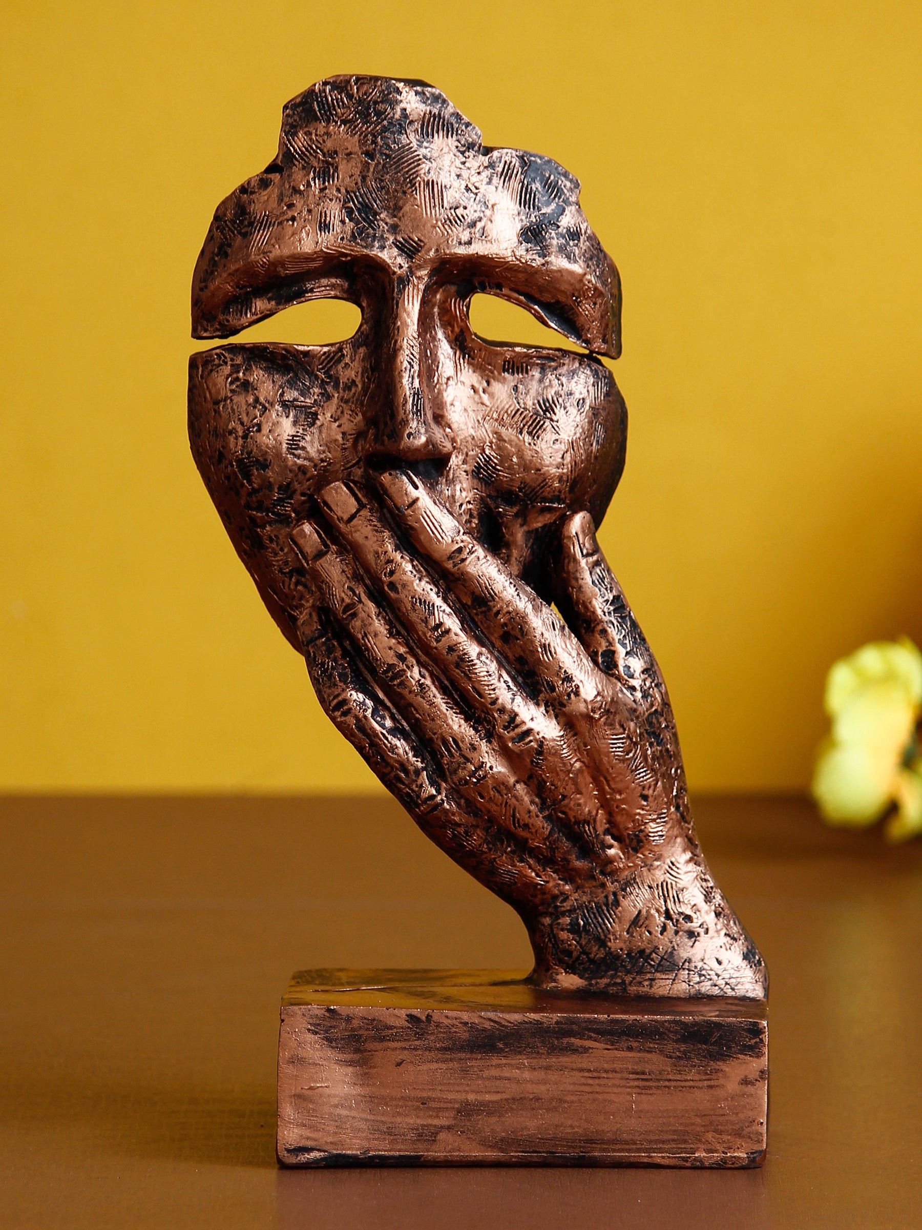 Polyresin Brown Human Face Sculpture Hand on Mouth Handcrafted Decorative Showpiece 1