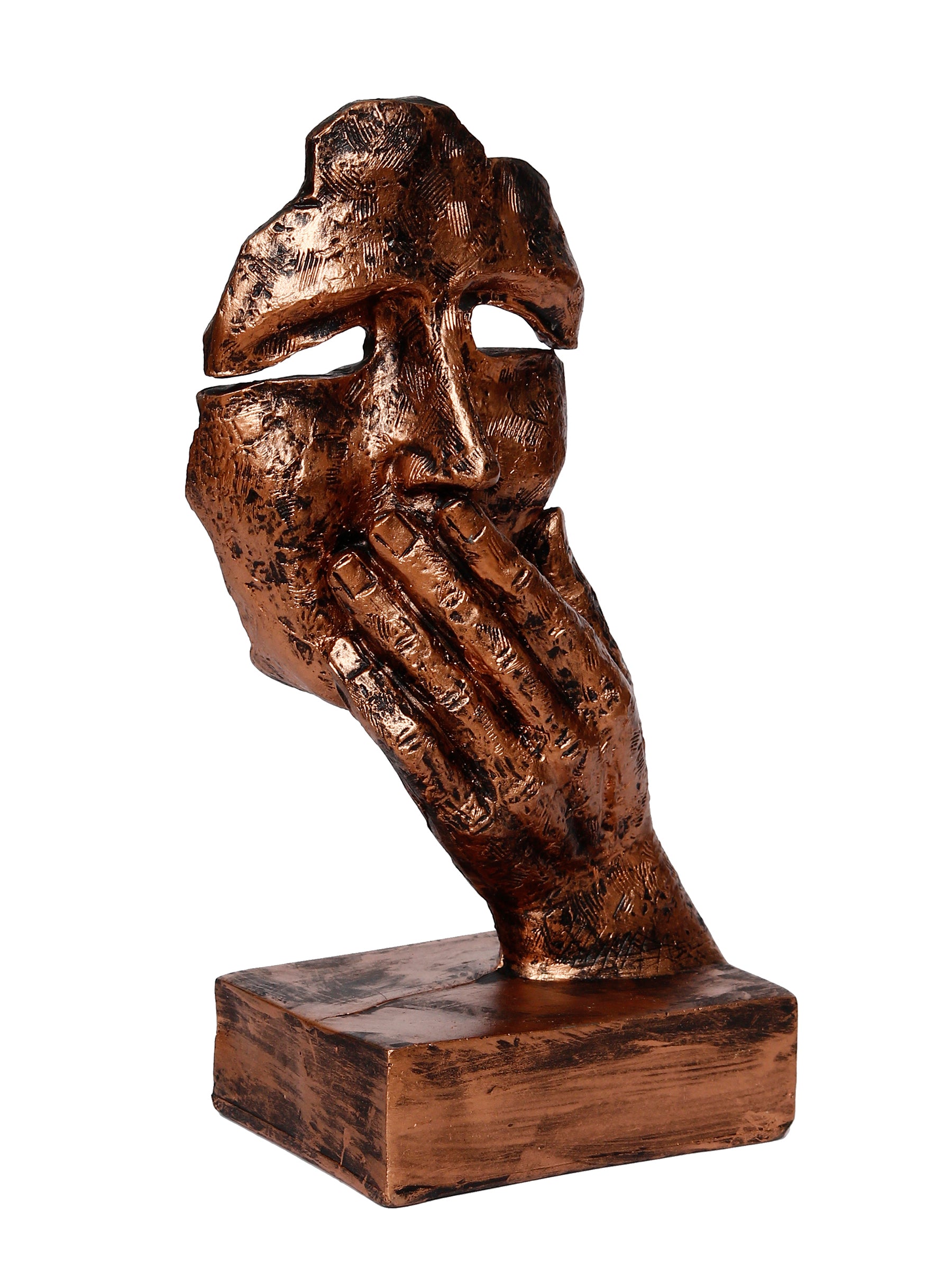 Polyresin Brown Human Face Sculpture Hand on Mouth Handcrafted Decorative Showpiece 4