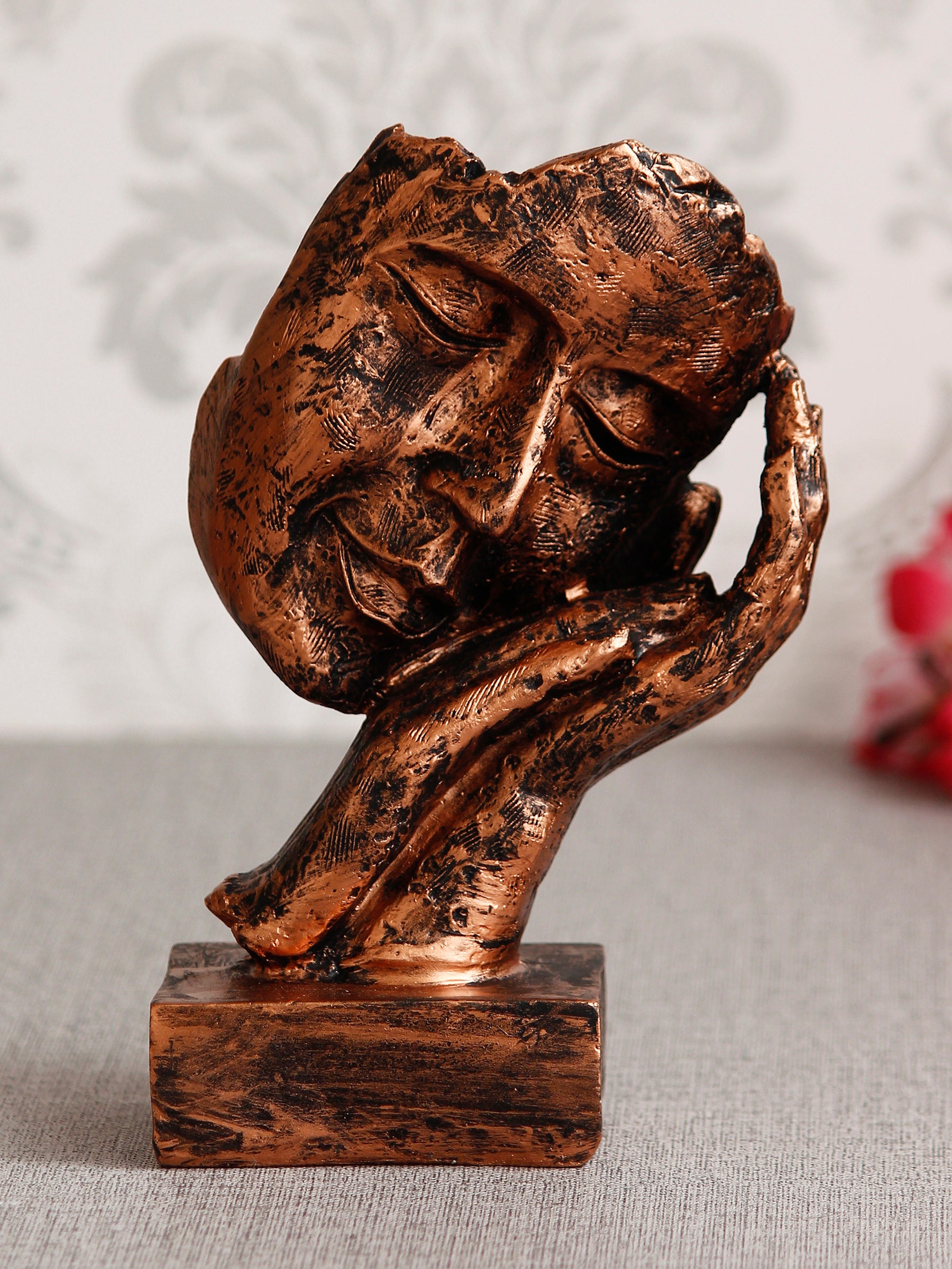 Polyresin Brown Human Face Sculpture Sleeping on Hands Handcrafted Decorative Showpiece