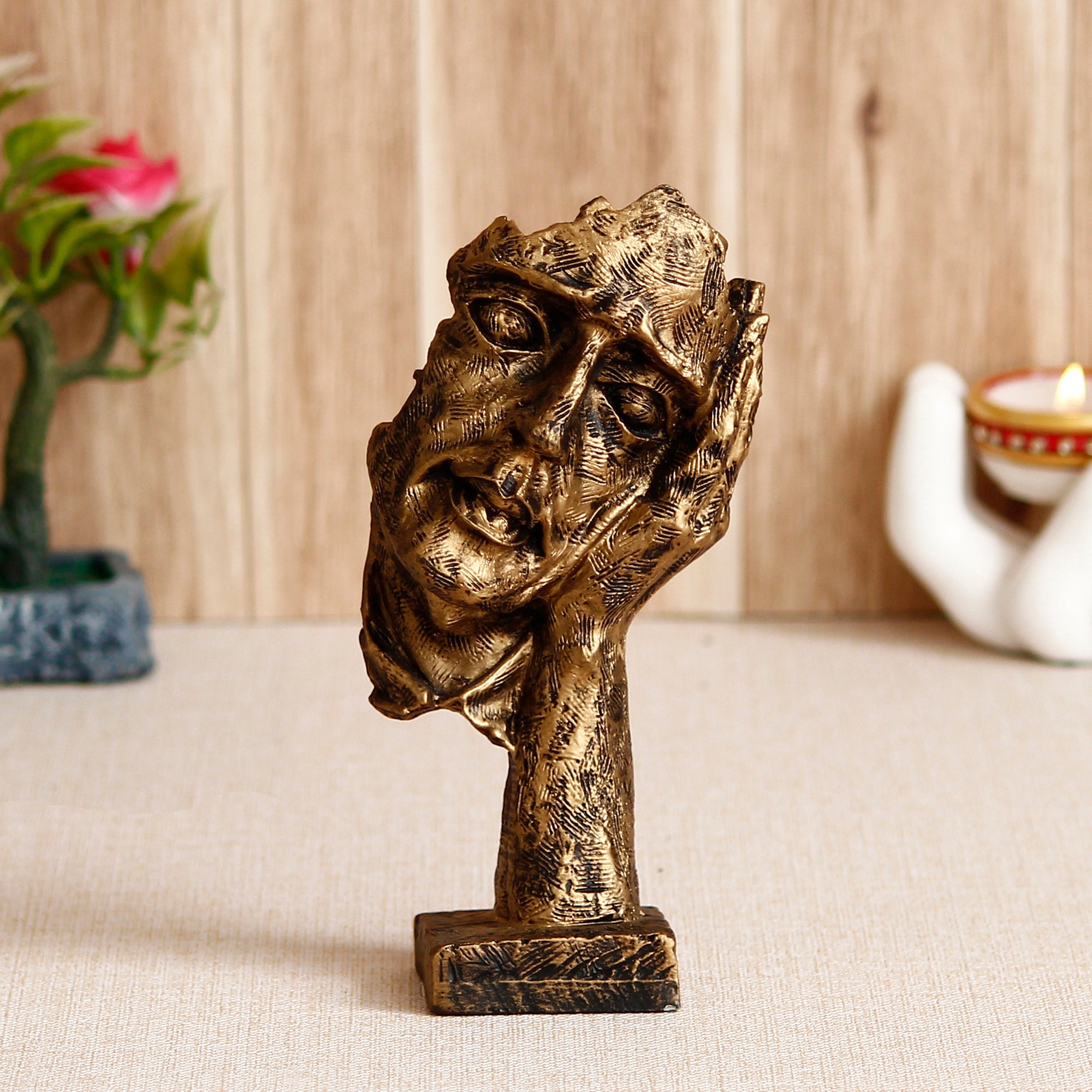 Brown Antique Finish Polyresin Man Face resting on hand Handcrafted Decorative Showpiece 1