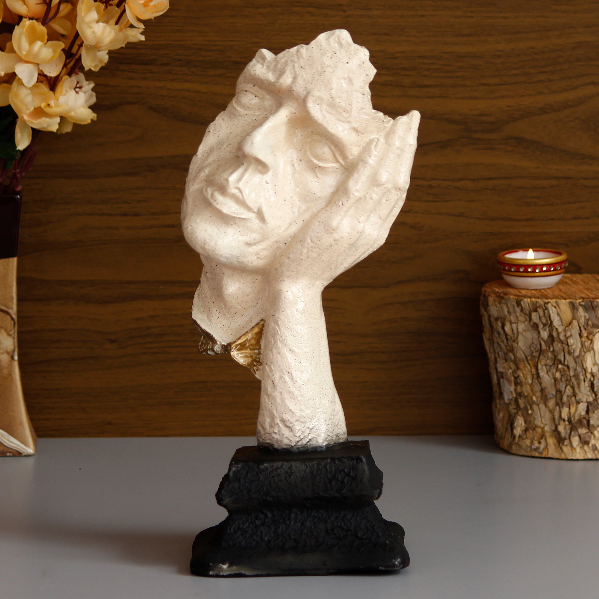 White Antique Finish Polyresin Man Face resting on hand Handcrafted Decorative Showpiece 1