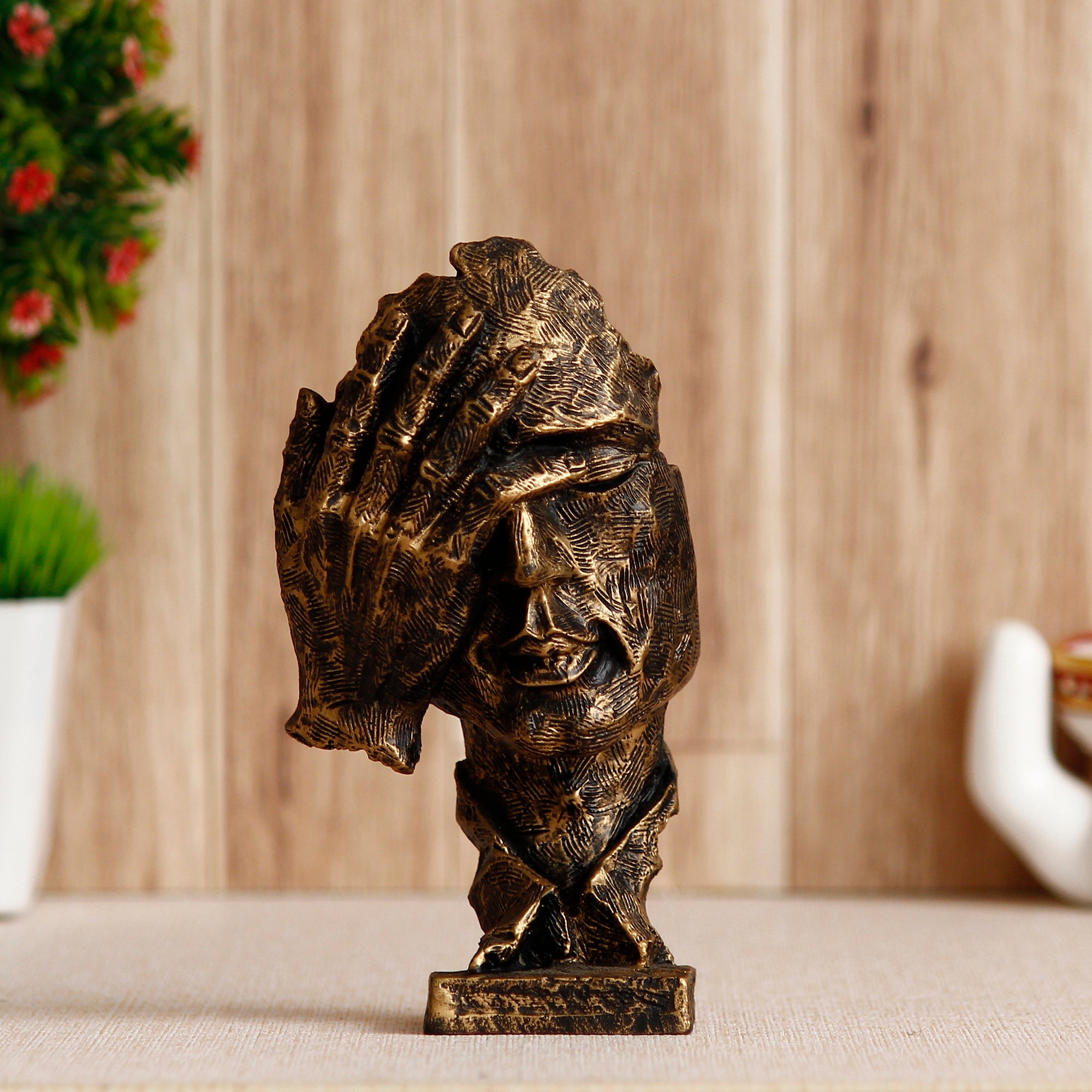 Brown Antique Finish Polyresin Man Hand on Face Handcrafted Decorative Showpiece 1