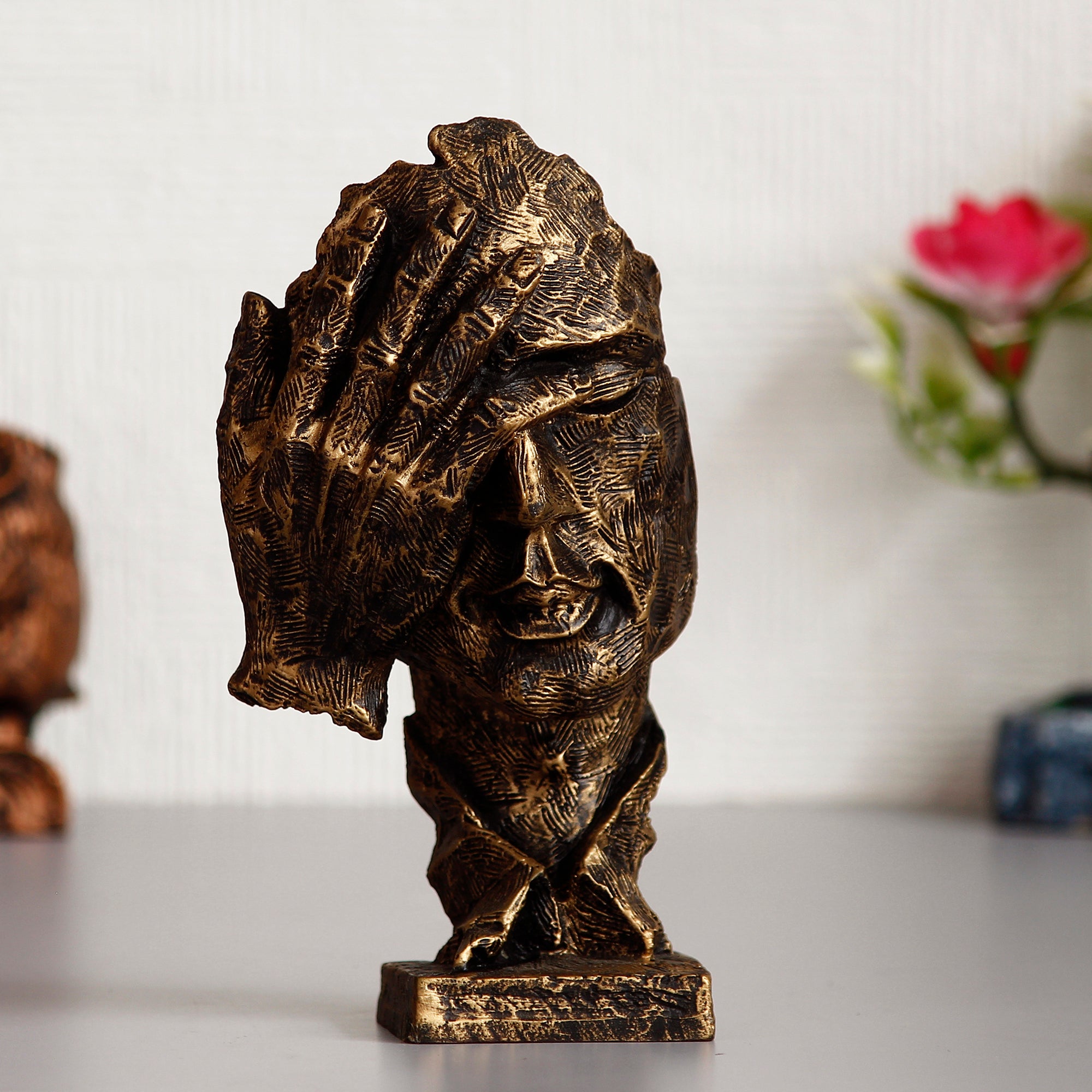 Brown Antique Finish Polyresin Man Hand on Face Handcrafted Decorative Showpiece