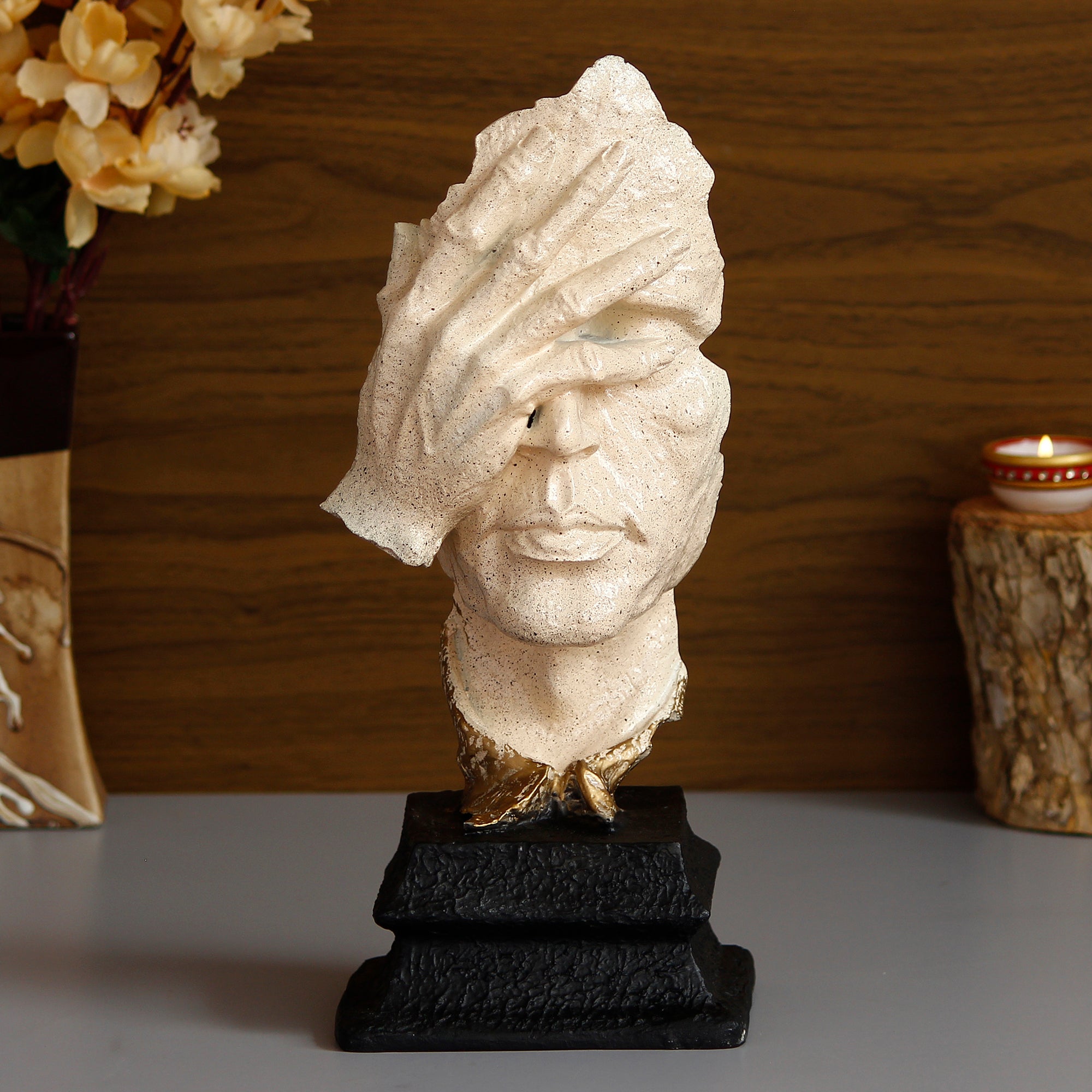 White Antique Finish Polyresin Man Hand on Face Handcrafted Decorative Showpiece 1