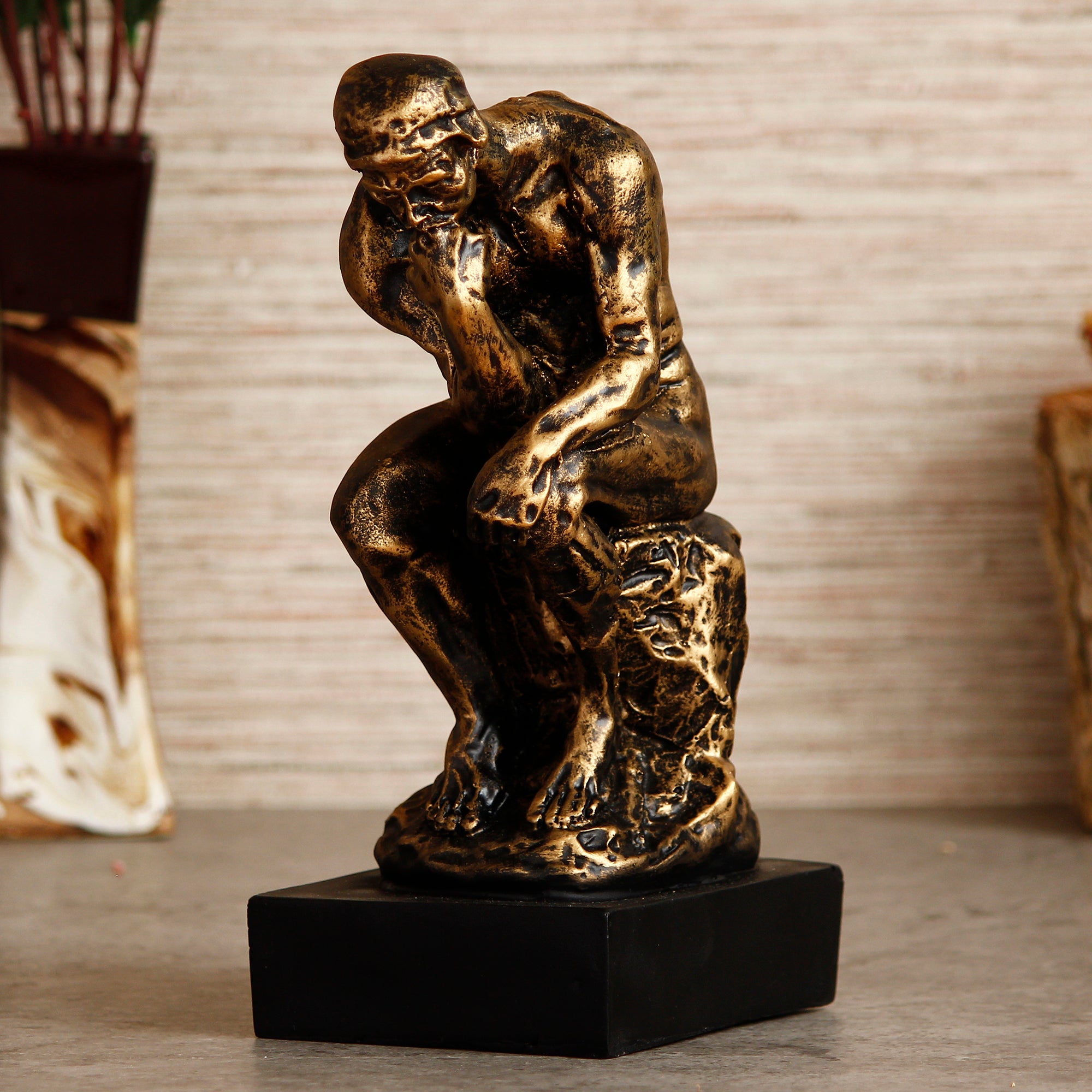 Golden Polyresin Antique Finish Thinking Man Figurine Sitting on Rock Handcrafted Decorative Showpiece 1