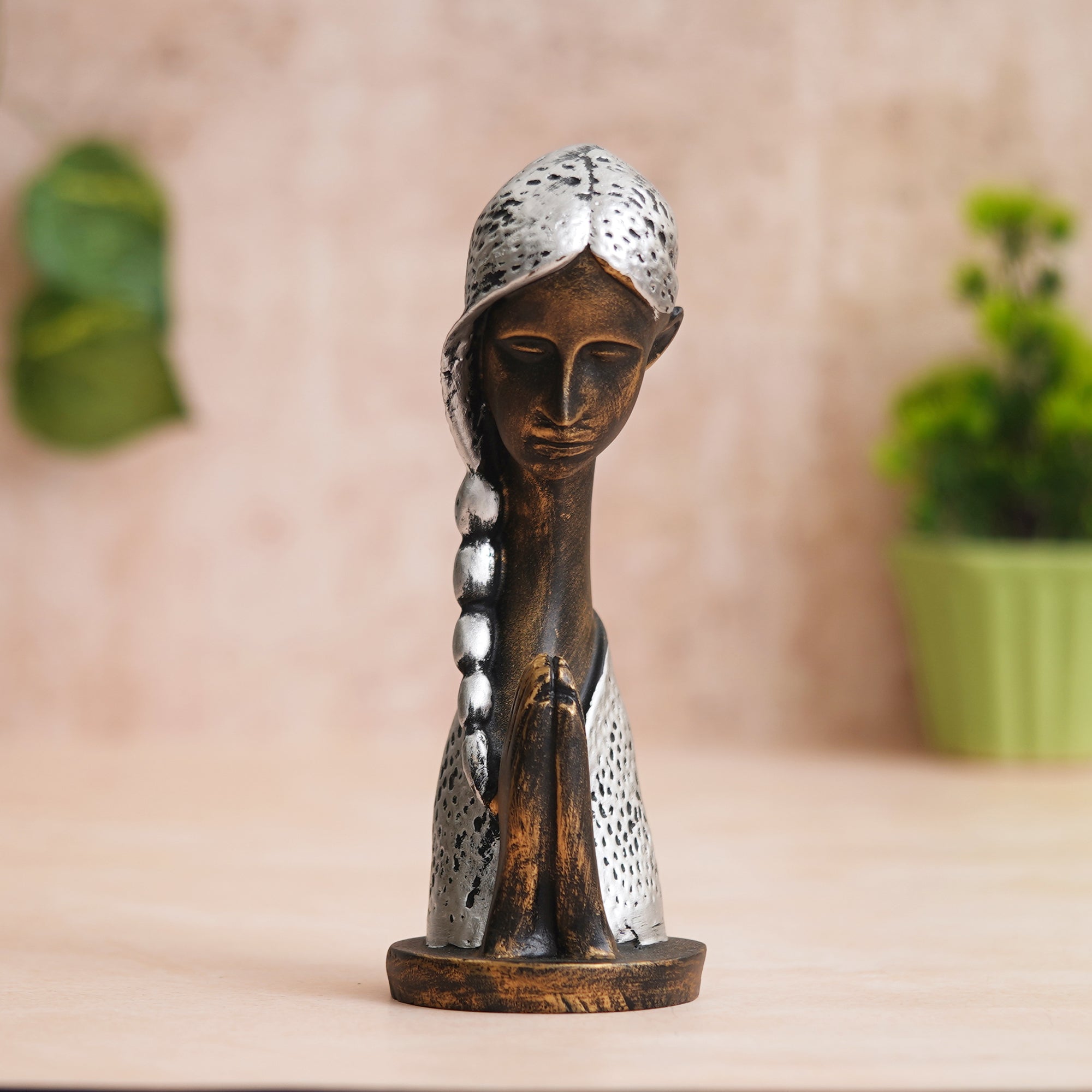 eCraftIndia Silver and Brown Polyresin Handcrafted Women Praying Statue Human Figurine