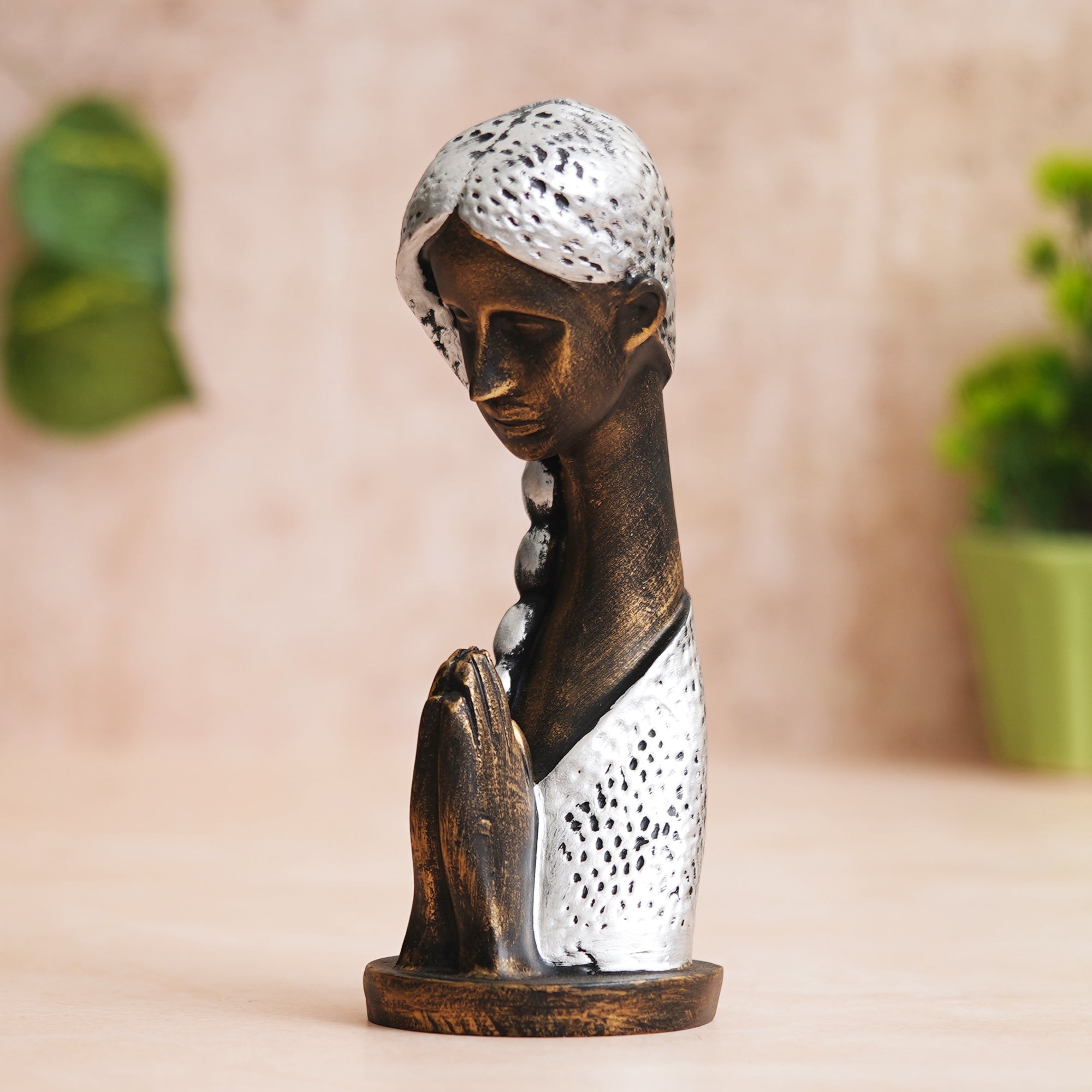 eCraftIndia Silver and Brown Polyresin Handcrafted Women Praying Statue Human Figurine 1