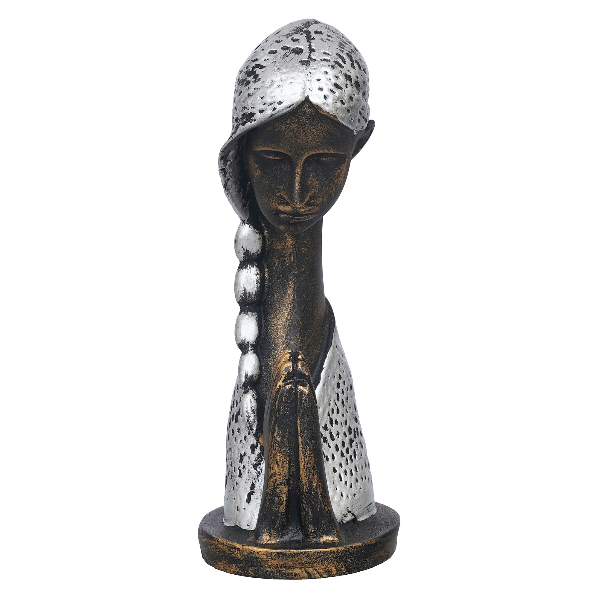 eCraftIndia Silver and Brown Polyresin Handcrafted Women Praying Statue Human Figurine 2