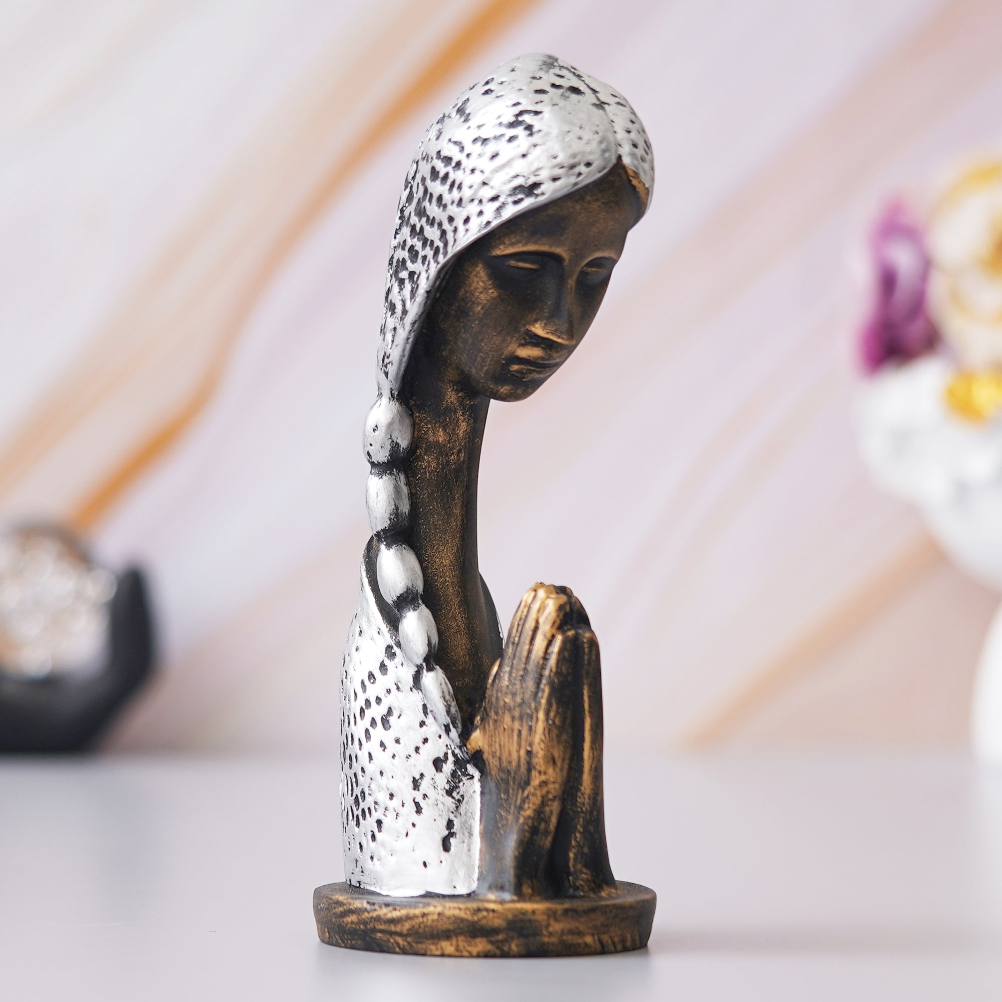 eCraftIndia Silver and Brown Polyresin Handcrafted Women Praying Statue Human Figurine 4