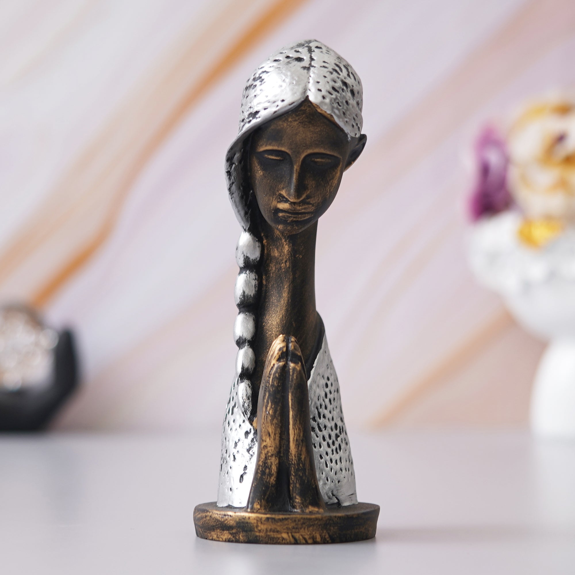 eCraftIndia Silver and Brown Polyresin Handcrafted Women Praying Statue Human Figurine 5