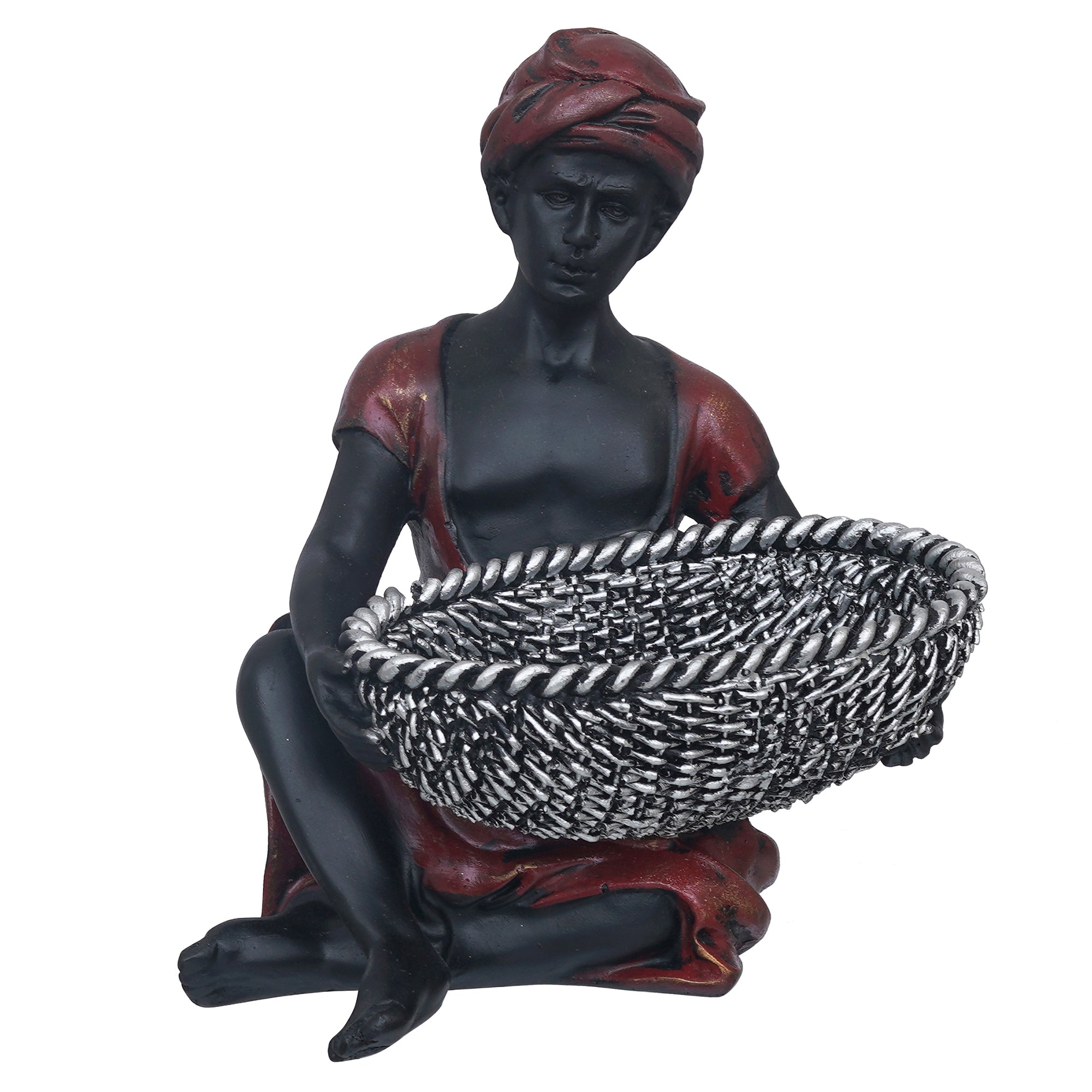 eCraftIndia Red Black Polyresin Sitting Man Statue Carrying Basket in Hands Human Figurine Decorative Showpiece 2