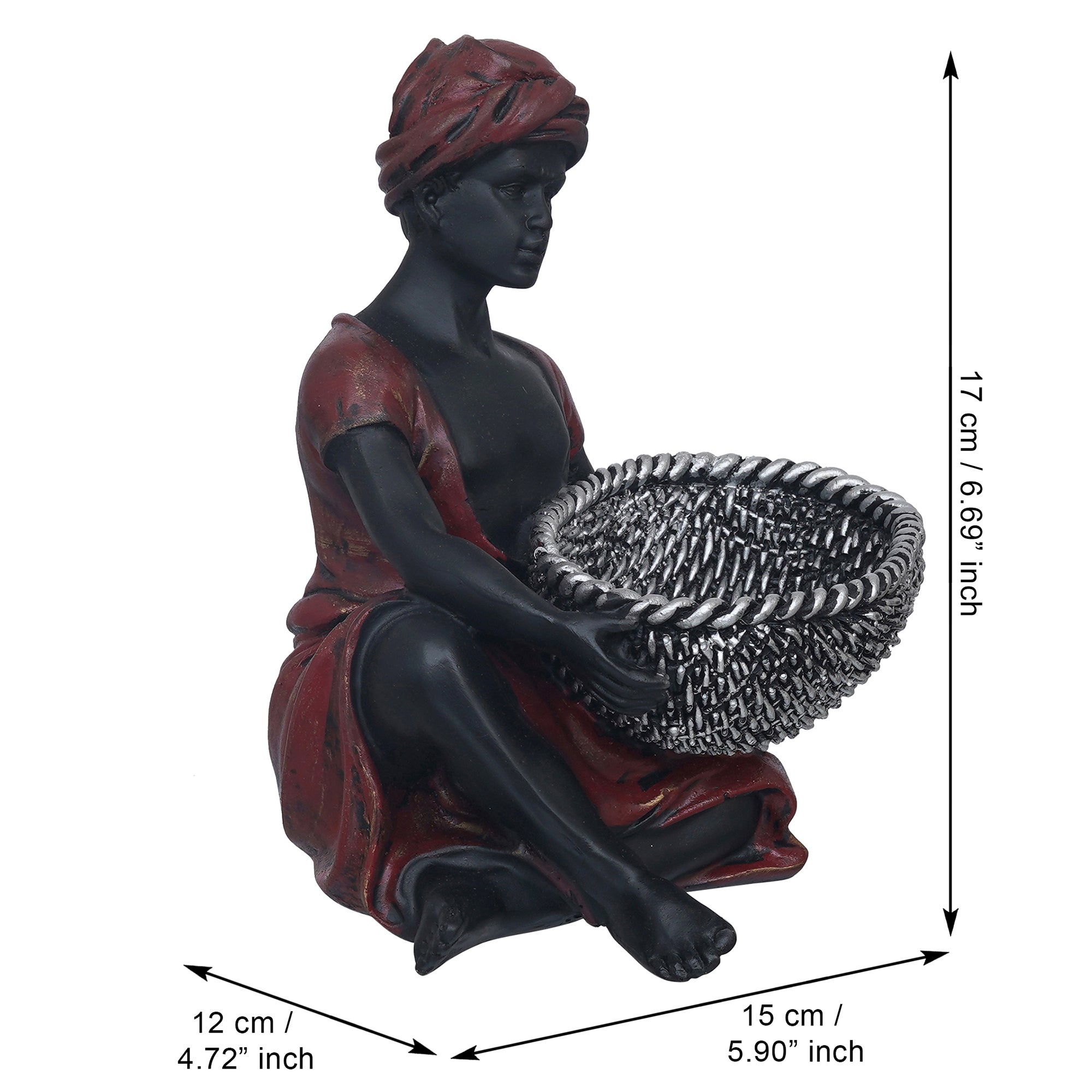 eCraftIndia Red Black Polyresin Sitting Man Statue Carrying Basket in Hands Human Figurine Decorative Showpiece 3