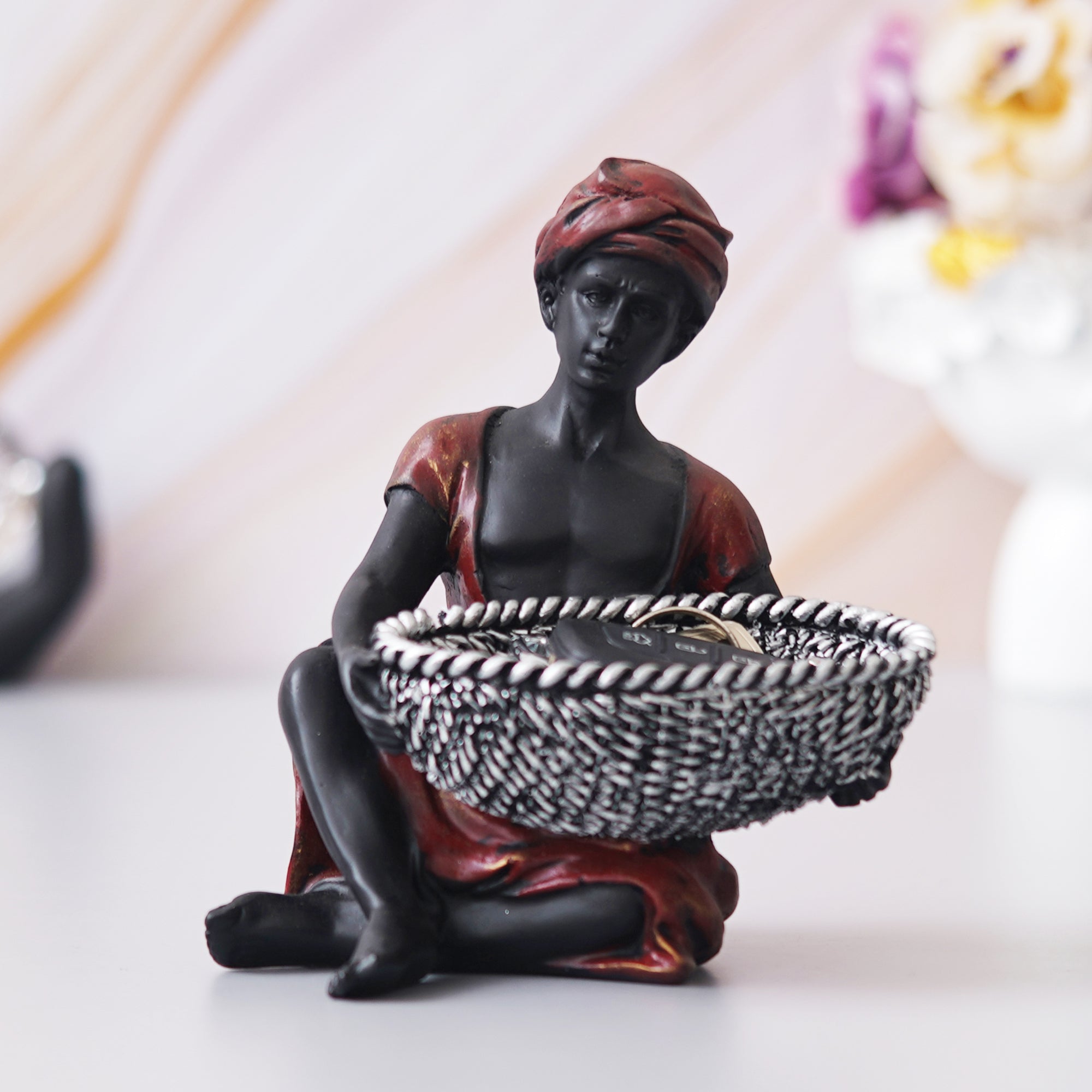 eCraftIndia Red Black Polyresin Sitting Man Statue Carrying Basket in Hands Human Figurine Decorative Showpiece 5