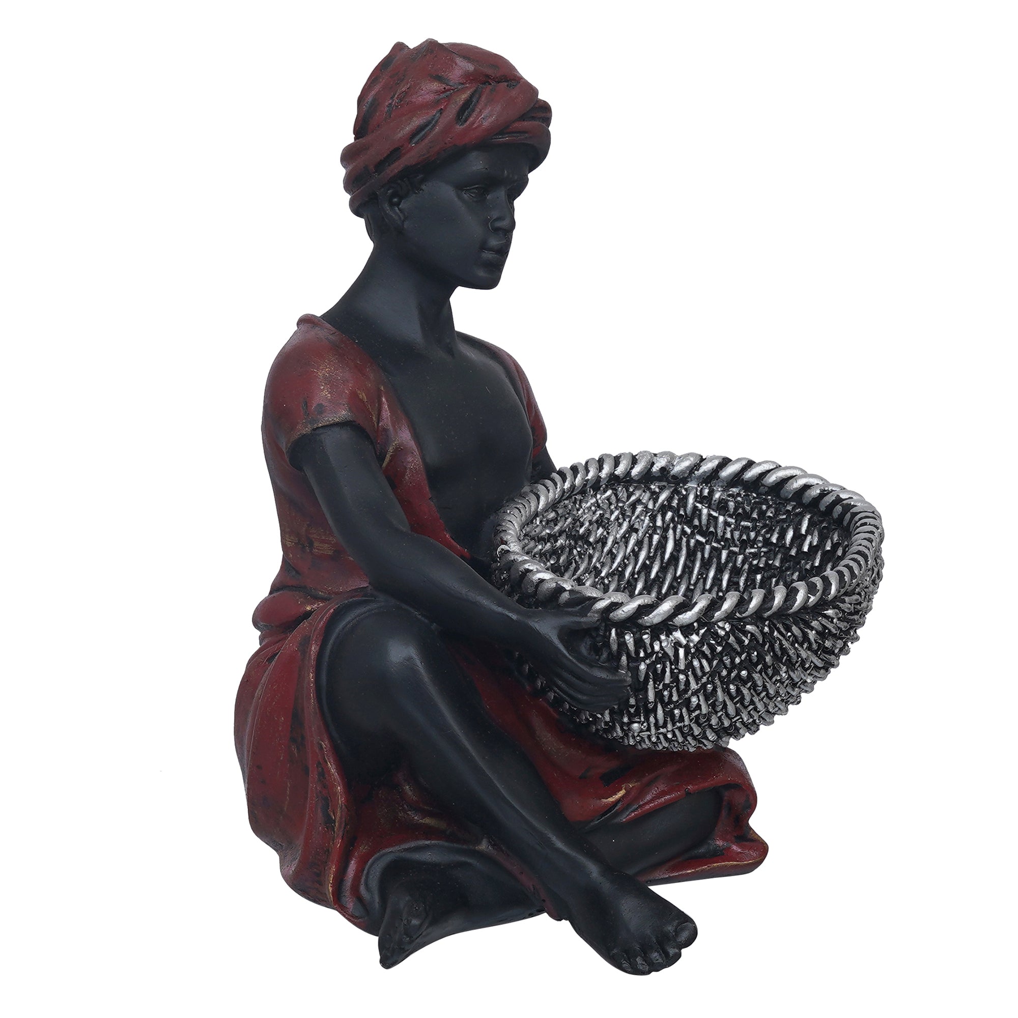 eCraftIndia Red Black Polyresin Sitting Man Statue Carrying Basket in Hands Human Figurine Decorative Showpiece 6