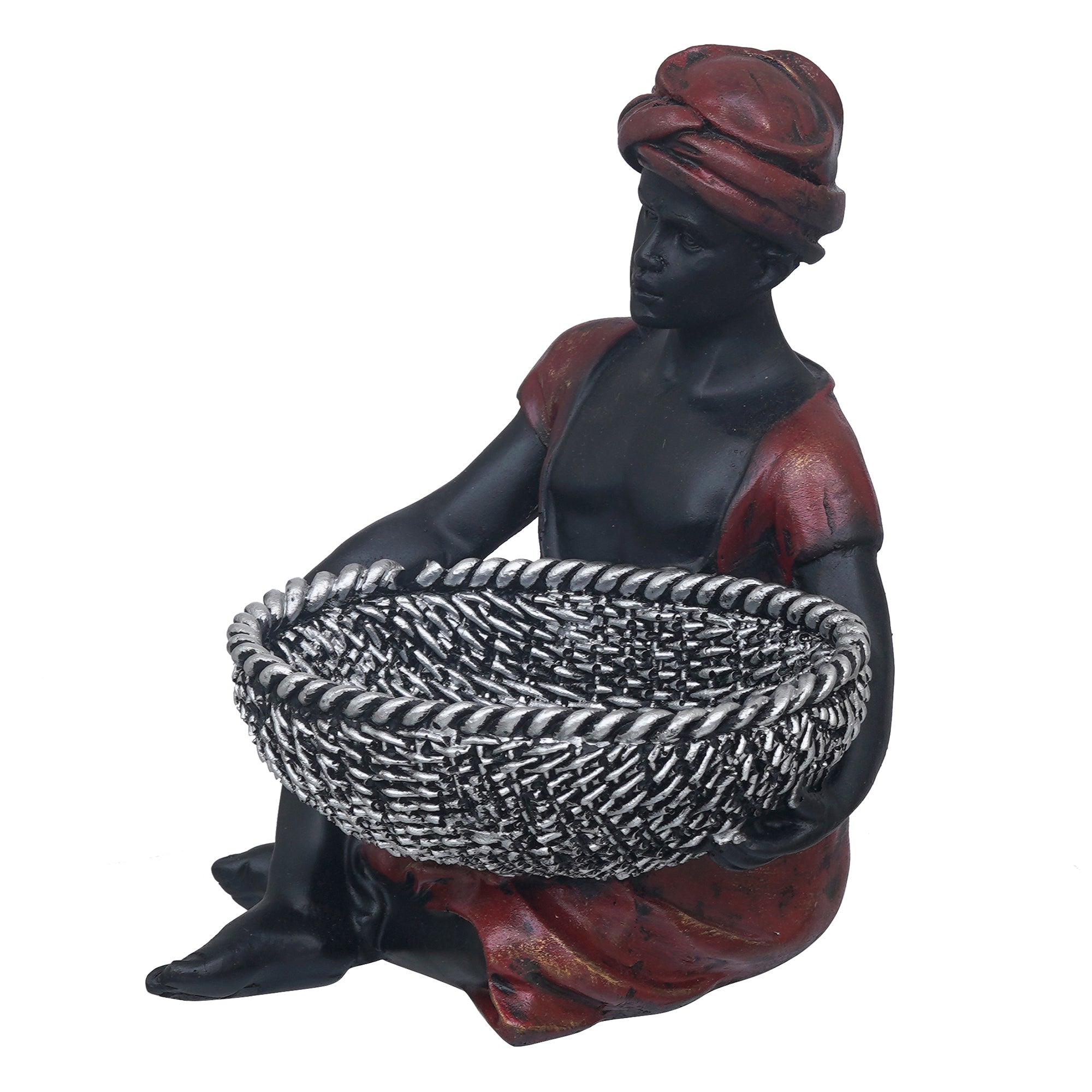 eCraftIndia Red Black Polyresin Sitting Man Statue Carrying Basket in Hands Human Figurine Decorative Showpiece 7