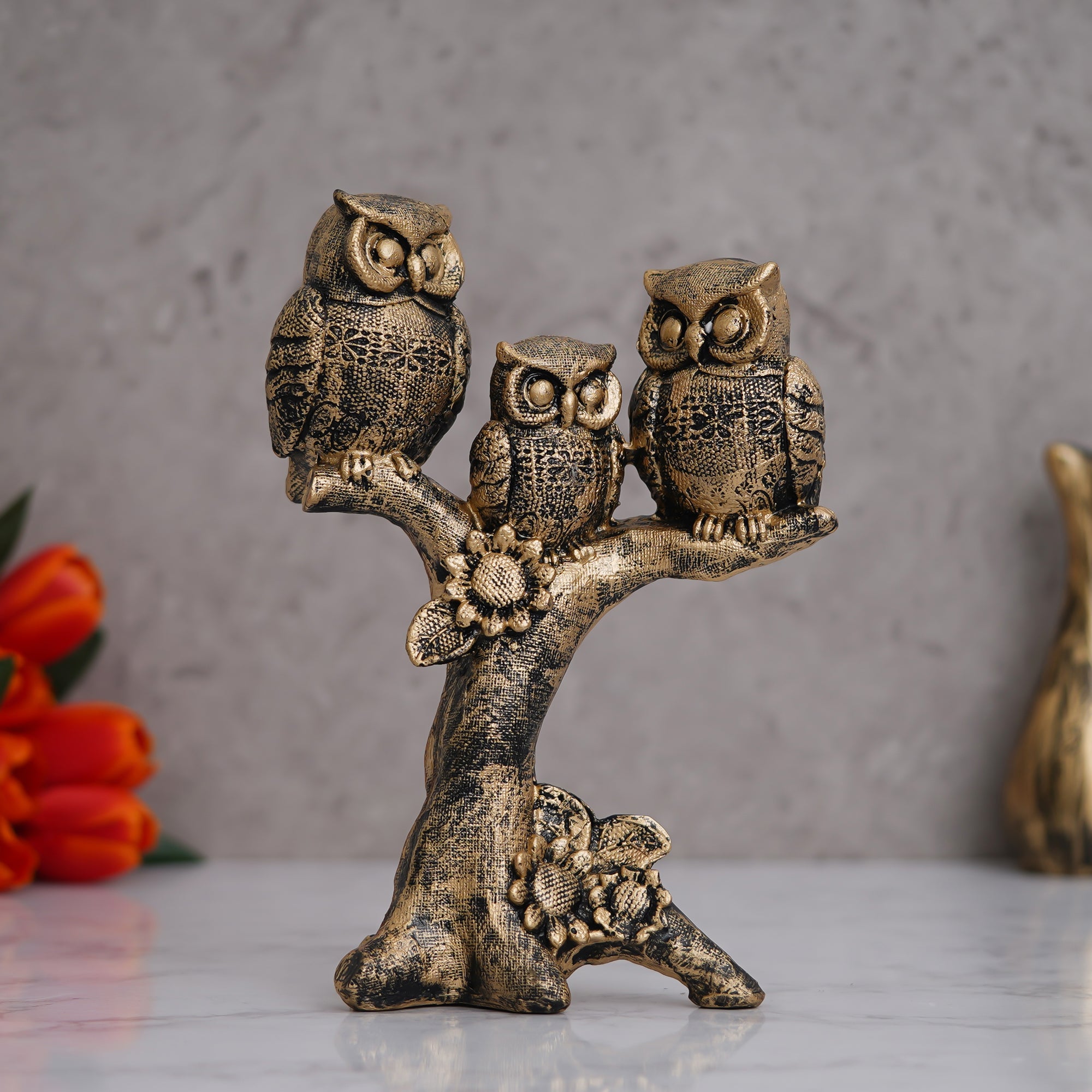 3 Bronze Owls Sitting On A Tree Branch Figurine Polyresin Bird Showpiece 5