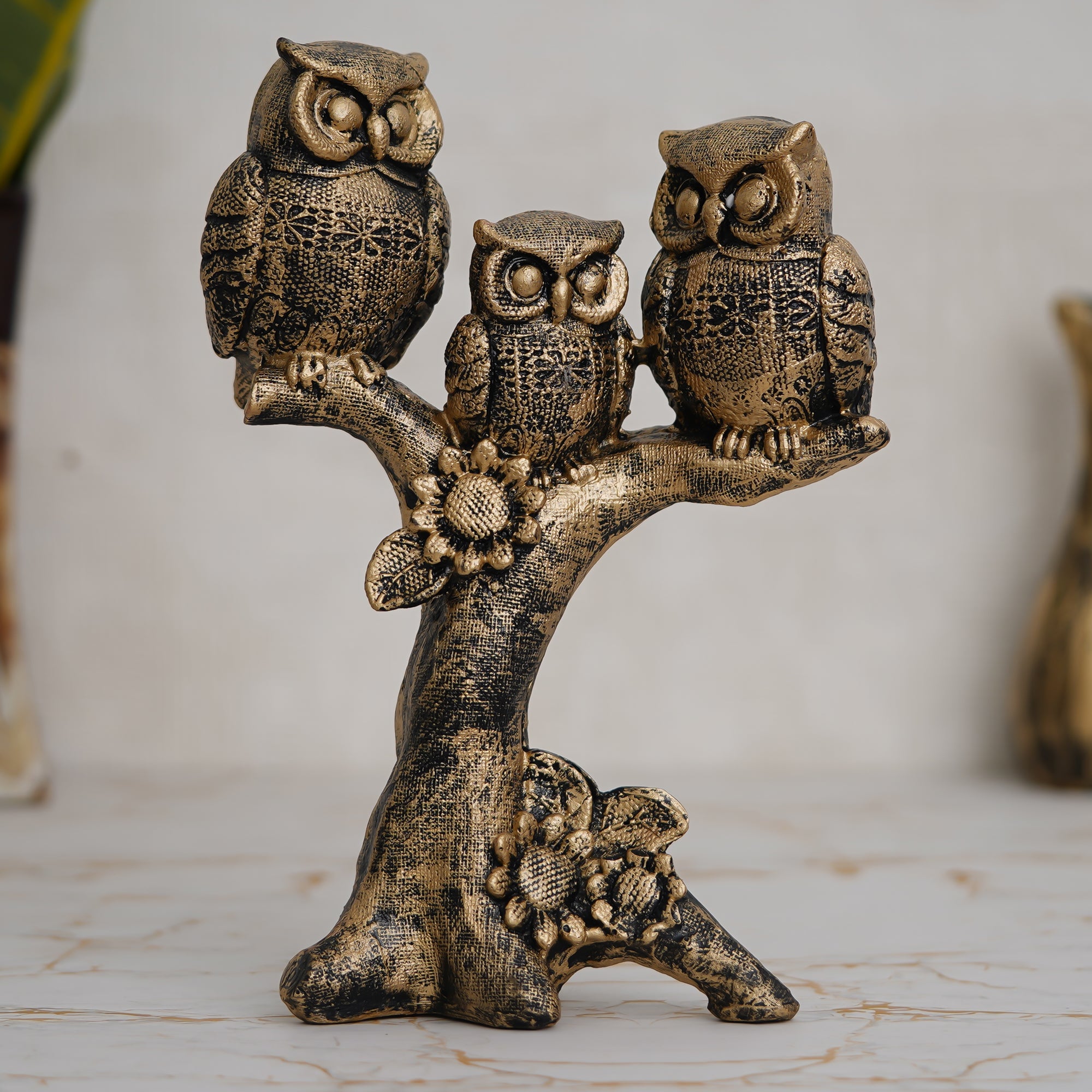 3 Bronze Owls Sitting On A Tree Branch Figurine Polyresin Bird Showpiece