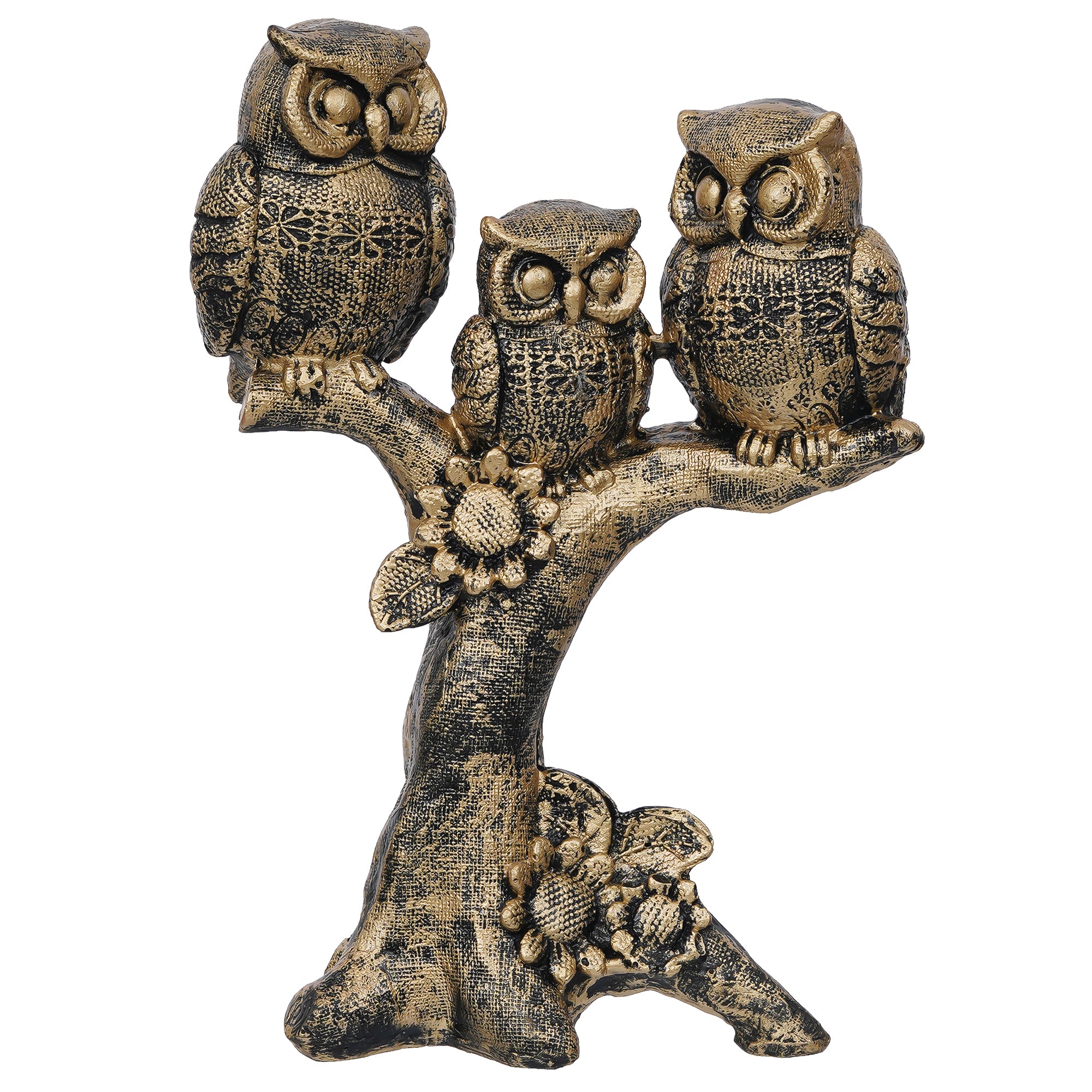 2 Bronze Owls Sitting On A Tree Branch Figurine Polyresin Bird Showpiece 1