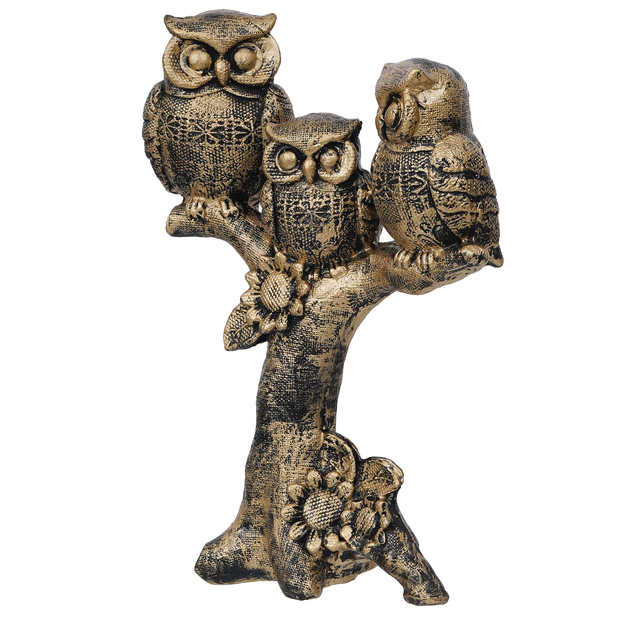 3 Bronze Owls Sitting On A Tree Branch Figurine Polyresin Bird Showpiece 2