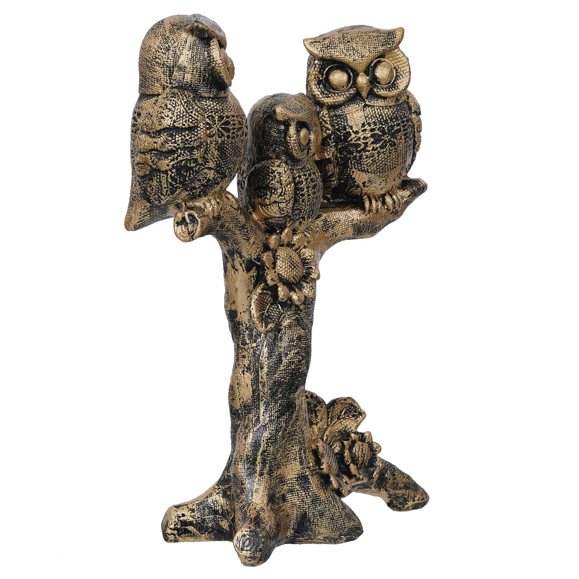 3 Bronze Owls Sitting On A Tree Branch Figurine Polyresin Bird Showpiece 3