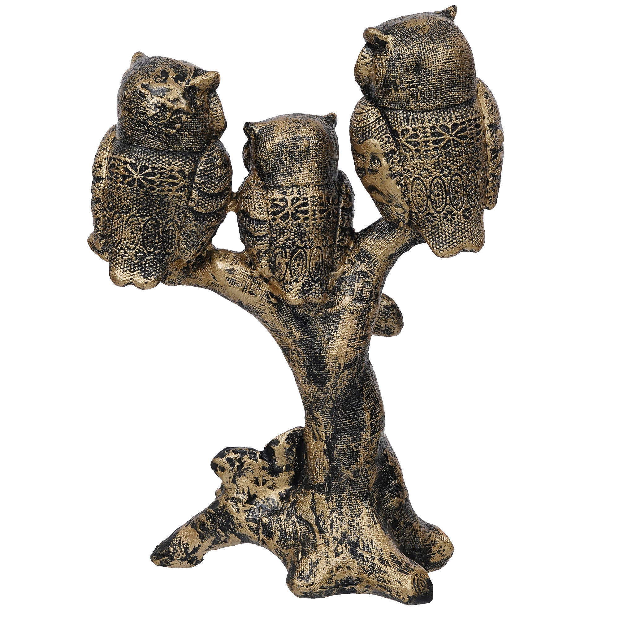 3 Bronze Owls Sitting On A Tree Branch Figurine Polyresin Bird Showpiece 4