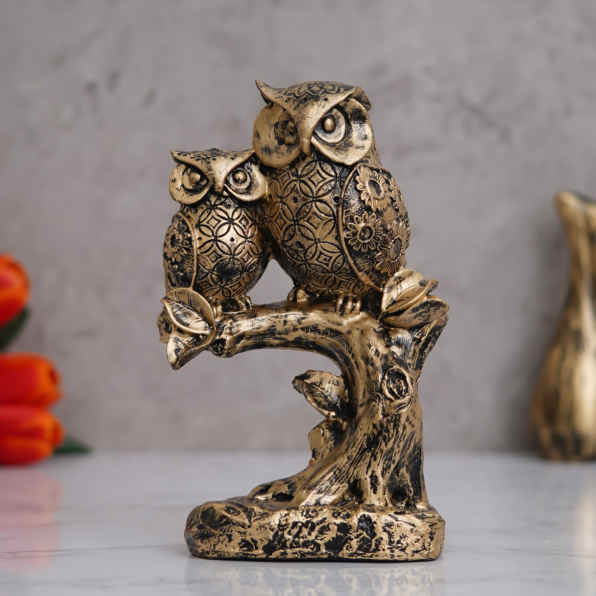 2 Bronze Owls Sitting On A Tree Branch Figurine Polyresin Bird Showpiece 5