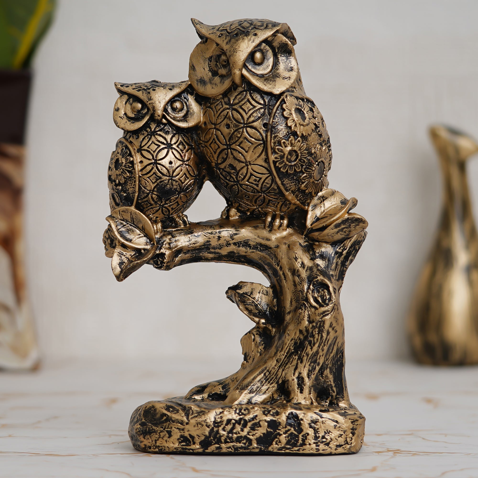 2 Bronze Owls Sitting On A Tree Branch Figurine Polyresin Bird Showpiece