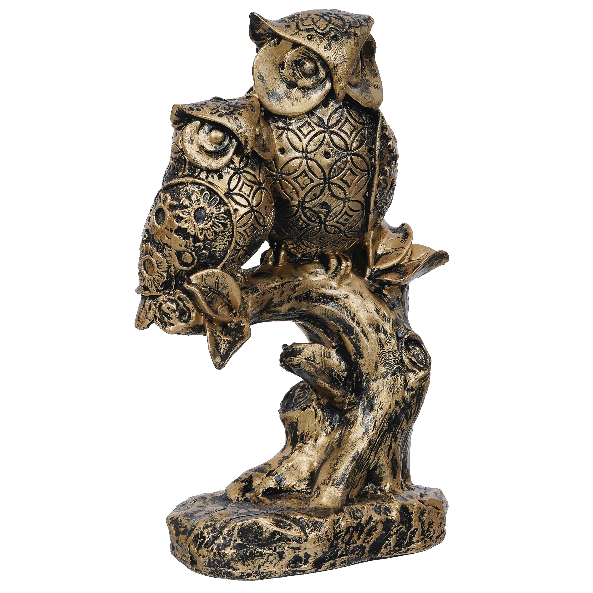 2 Bronze Owls Sitting On A Tree Branch Figurine Polyresin Bird Showpiece 2