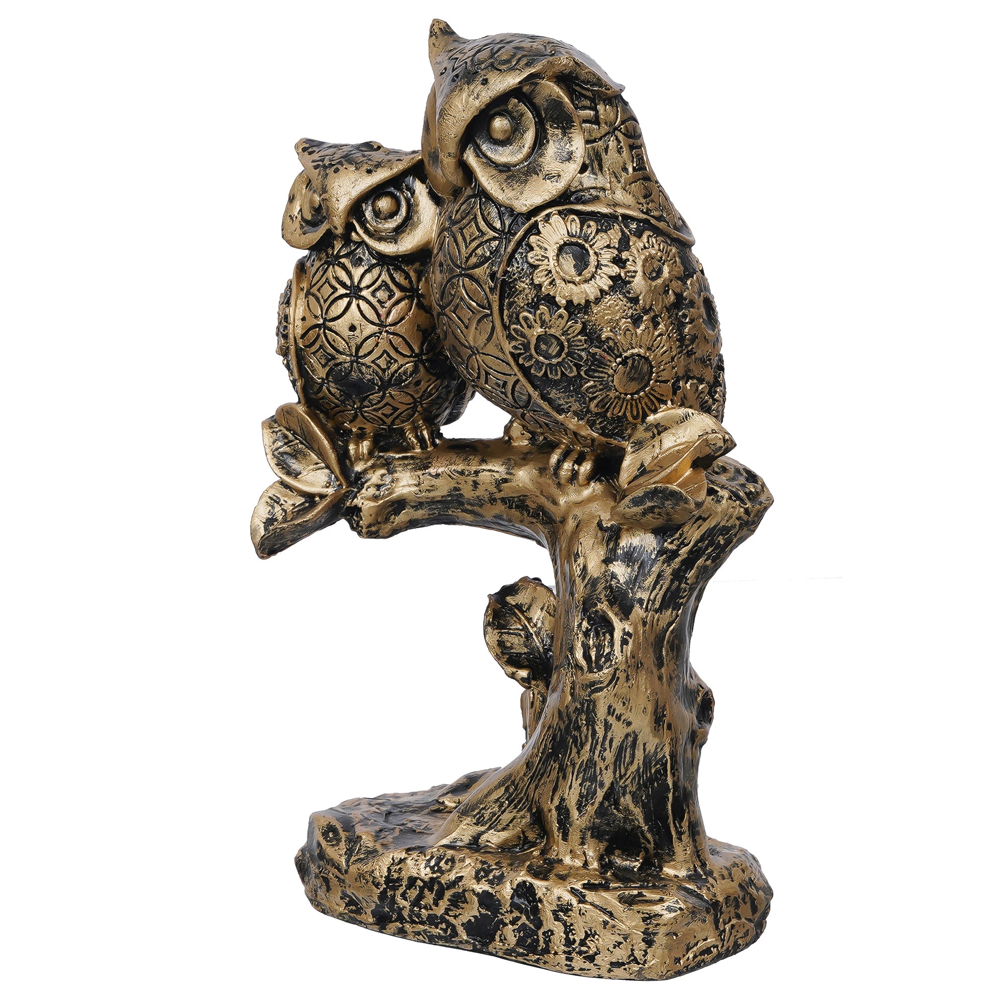 2 Bronze Owls Sitting On A Tree Branch Figurine Polyresin Bird Showpiece 3