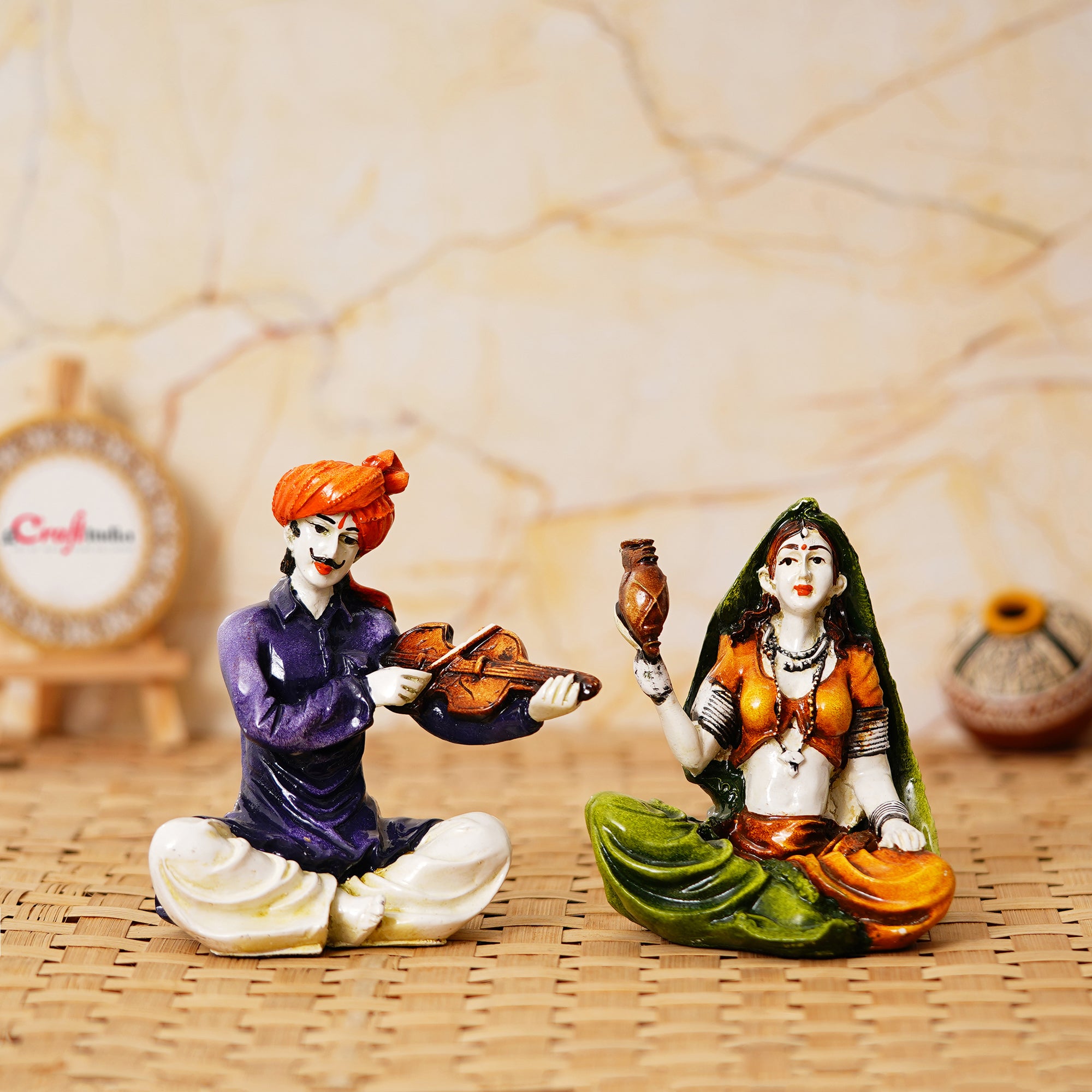 Colorful Combo of Rajasthani Craftsmen and Lady Playing a Musical Instrument Statue