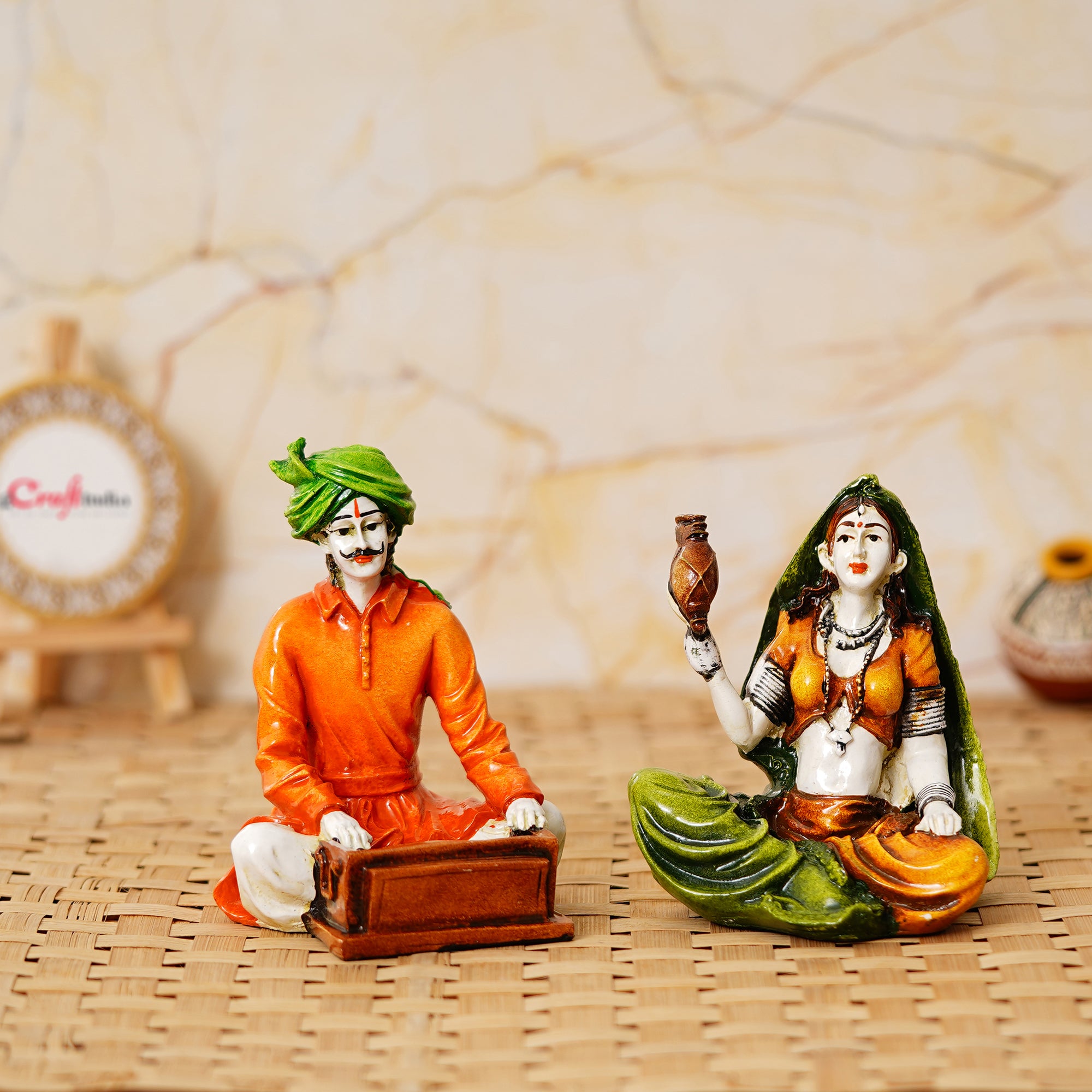 Colorful Combo of Rajasthani Craftsmen and Lady Playing a Musical Instrument Statue